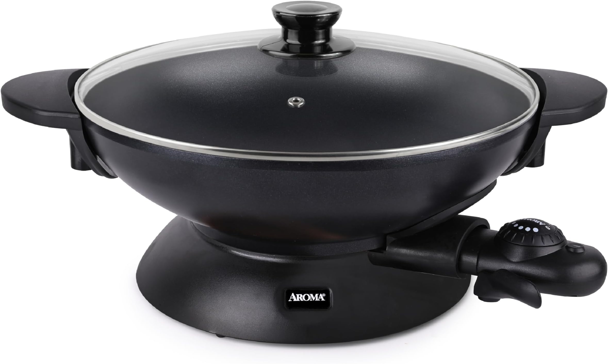 Aroma Housewares AEW-306 Electric Wok with Tempered Glass Lid Easy Clean Nonstick, Cooking Chopsticks, Tempura and Steaming Racks, Professional Model, Black