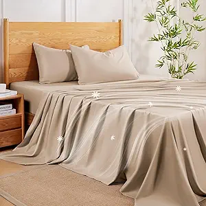 MR&HM Twin Sheets Set, 3-Piece Cooling Sheets, Rayon Derived from Bamboo & Polyester Blend, Soft & Silky, 15" Deep Pockets with Elastic Straps, Hotel Luxury for Hot Sleepers, Beige