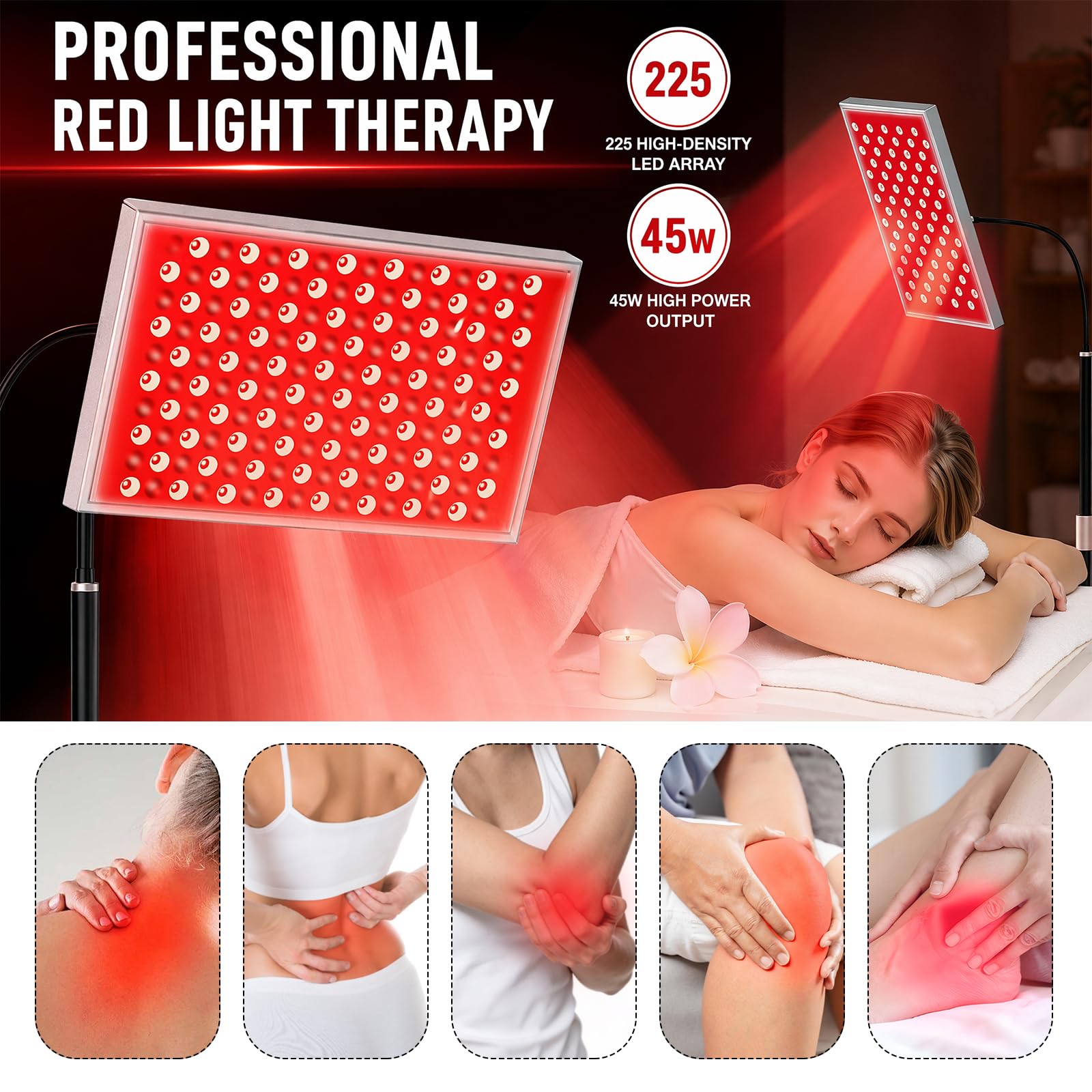 Lámpara de luz roja de 225 ledes, lámpara de panel de infrarrojos con 5 niveles y temporizador, 660 nm y 850 nm, terapia de luz roja infrarrojo cercana con soporte ajustable para cuerpo, cara, cuello