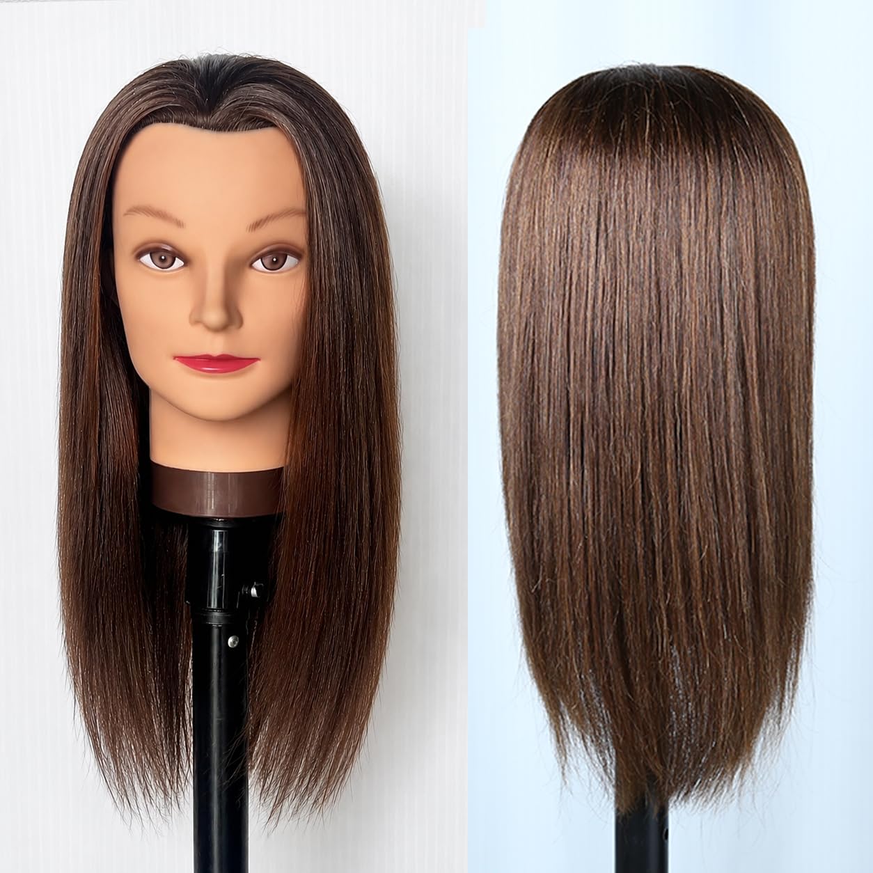 Mannequinkopf mit 100% menschlichem Haar, Echthaar Kosmetologie Mannequinkopf Haar Styling Friseurpraxis Training Puppenkopf mit Klemmhalter 16" Dunkelbraun