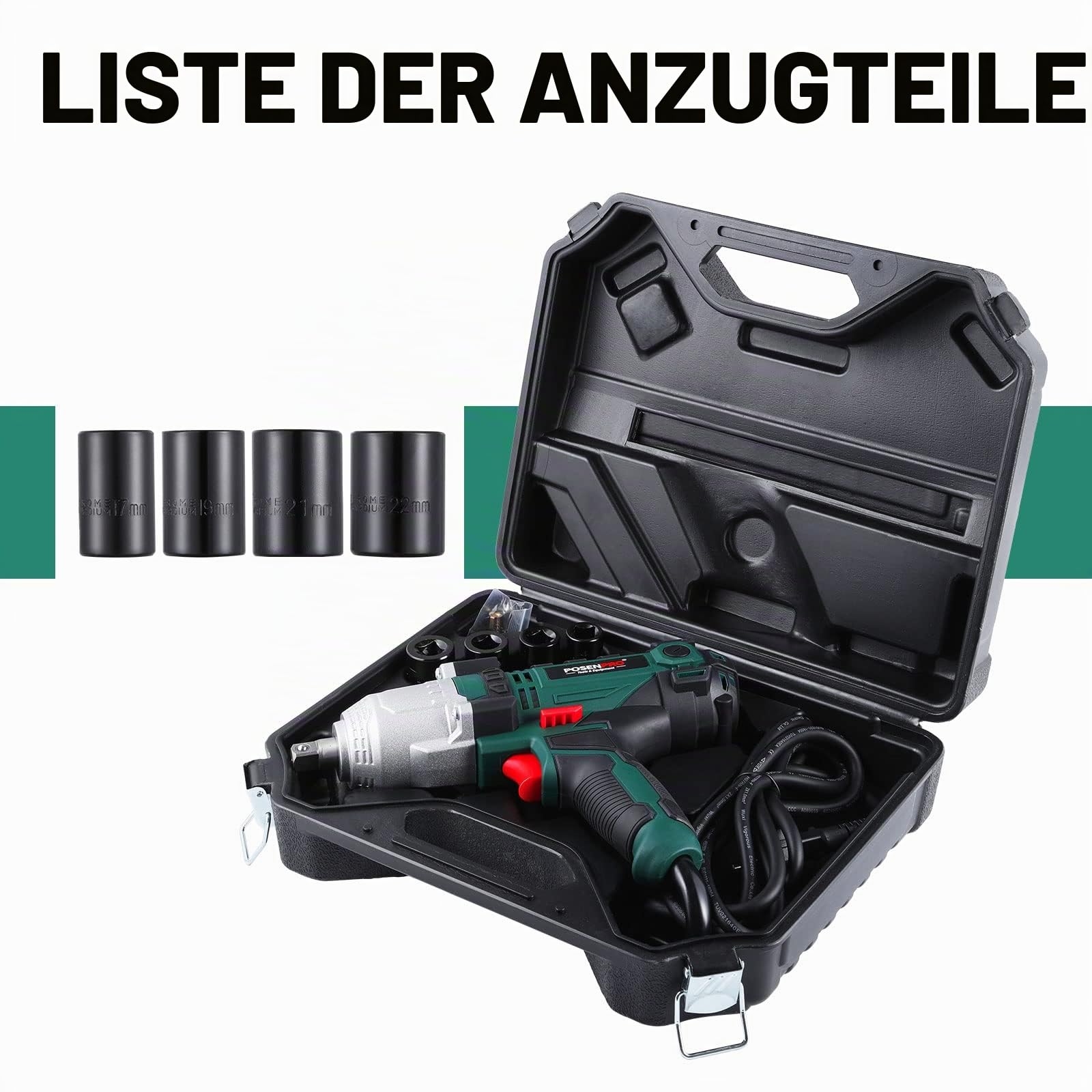POSENPRO Schlagschrauber 550 W, Drehmoment 500 Nm, Softgrip, Rechts-/Linkslauf, 3.800 1/min, 1/2" Werkzeugaufnahme, inkl. 4 Stecknüsse & Transportkoffer