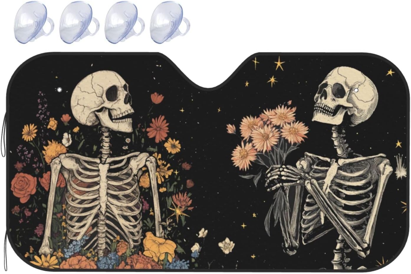 Windshield Sun Shade Skeleton Flower Skull Daisy Car Front Window Sunshade Blocker UV Visor Retractable Automotive Sunshades for Vehicle SUV Truck Protector 55x30 inch