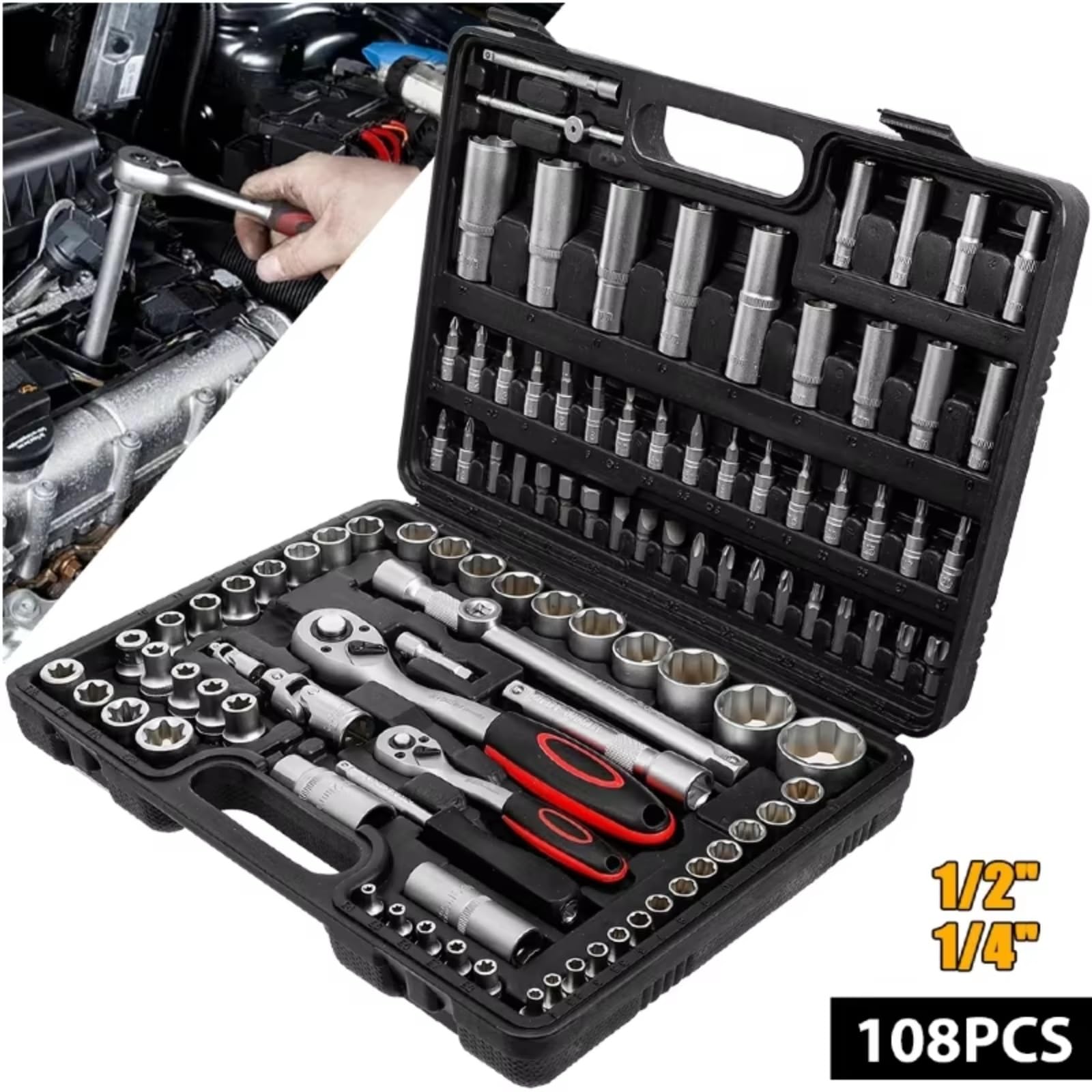 Set di attrezzi meccanici Set Di Chiavi A Bussola A Cricchetto Da 108 Pezzi Kit Combinato Chiavi Dinamometriche Riparazioni Auto 1/4″‌ 1/2″‌ Utensile Manuale Per Chiavi A Cricchetto