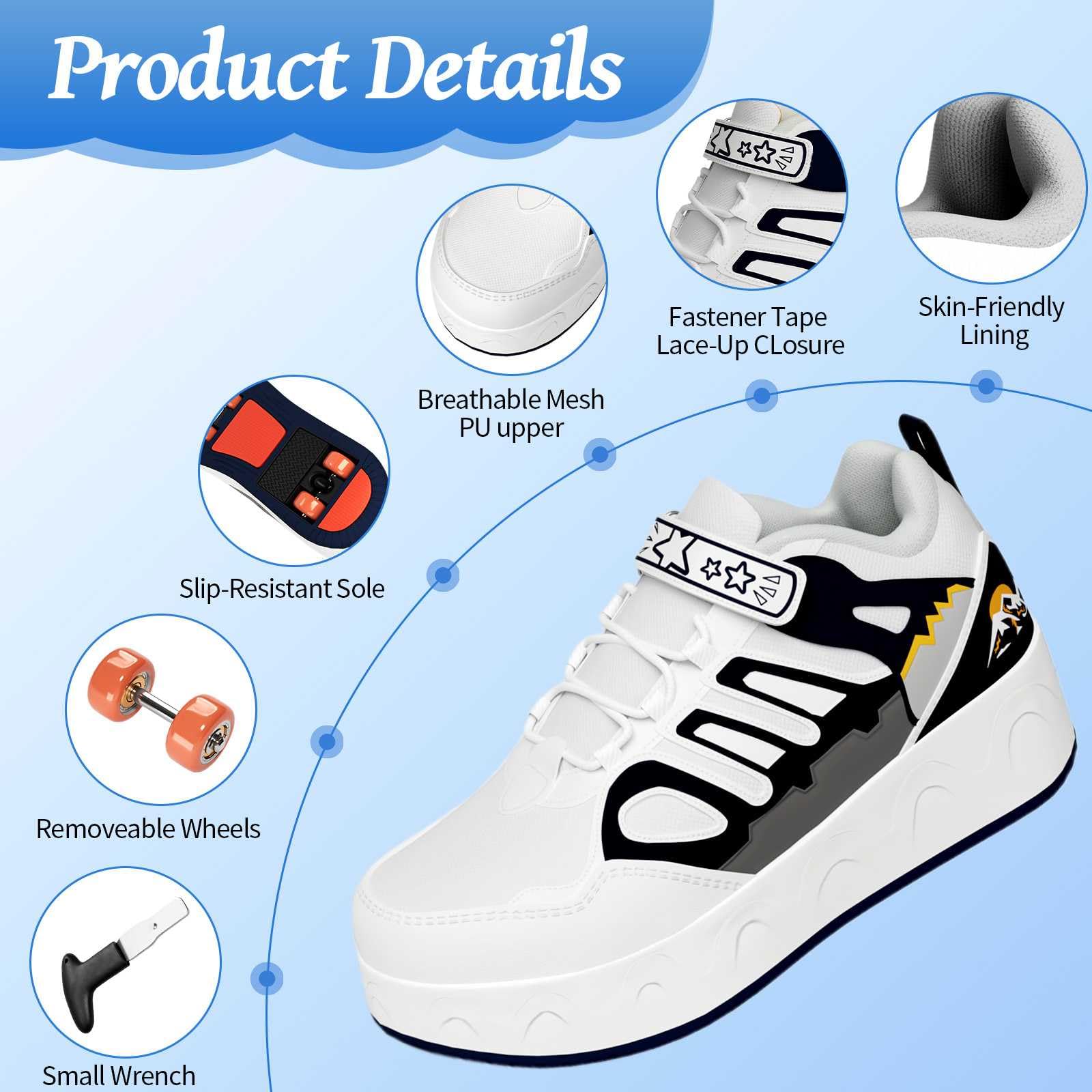 Zapatillas con Ruedas Niña Niño 4 Ruedas EXTRAÍBLES - Zapatos Patines Convertibles para Skate, 2/4 Ruedas - Talla 30-38 EU - Regalo Infantil (Azul/Rosa/Blanco)