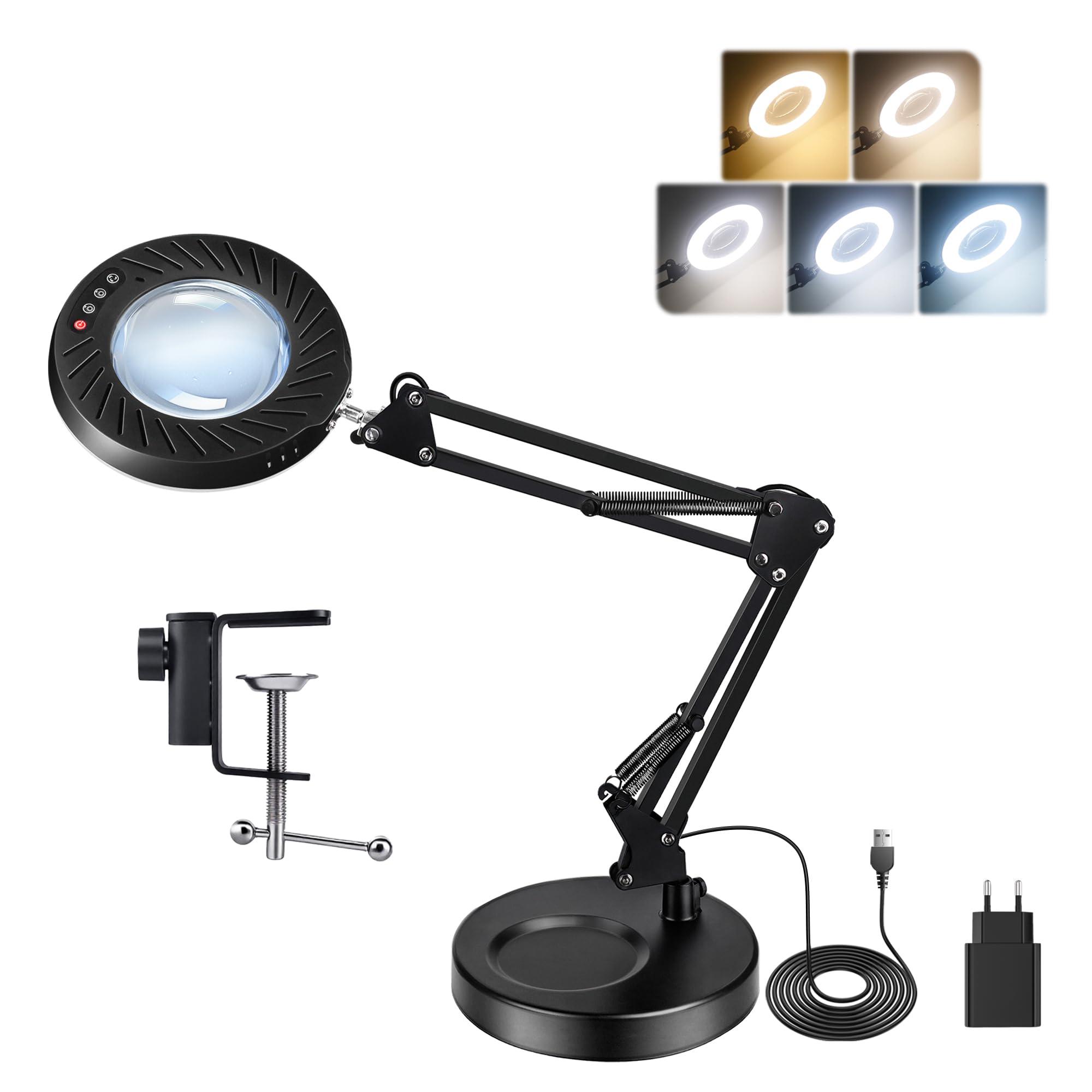 12X Lupa con Luz y Soporte & Brazos Articulados, Adaptador 2A incluido, 5 Modos de Color 9 Brillo, Lupa de Trabajo Luz LED para Trabajos de Precision Modelismo Pintura de Miniaturas Lectura, Negro