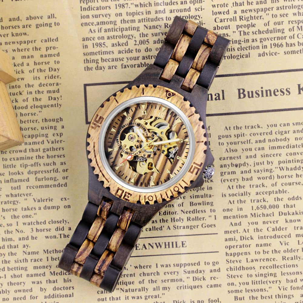 Tiong marrón cuatro dígitos hombres reloj de madera reloj automático hueco reloj de madera mecánico reloj de hombre, Mwd-05circle, Pulsera