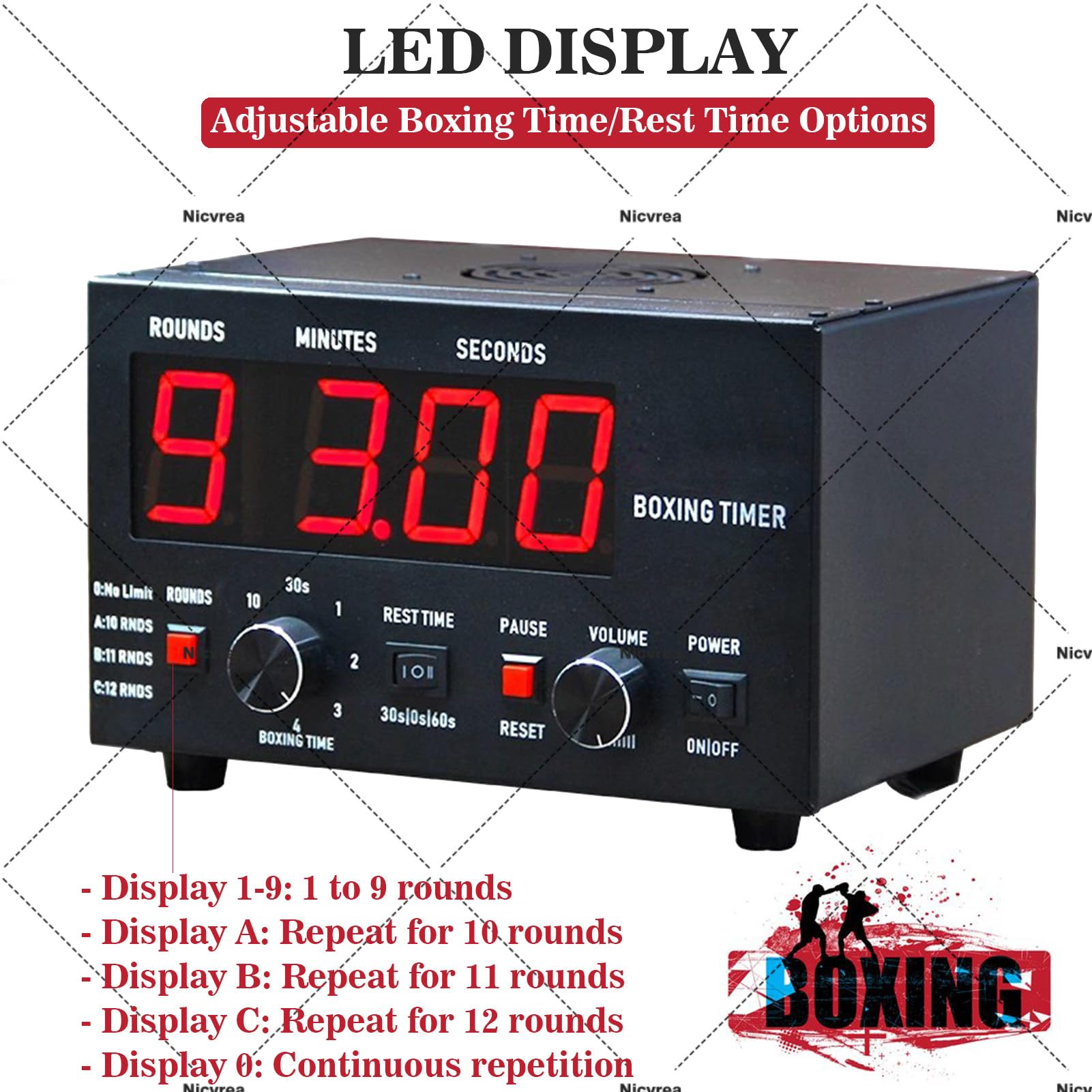 Timer a intervalli con display a LED, suono regolabile, tempo di allenamento personalizzabile e ripetizioni per allenamenti di boxe, MMA, kickboxing