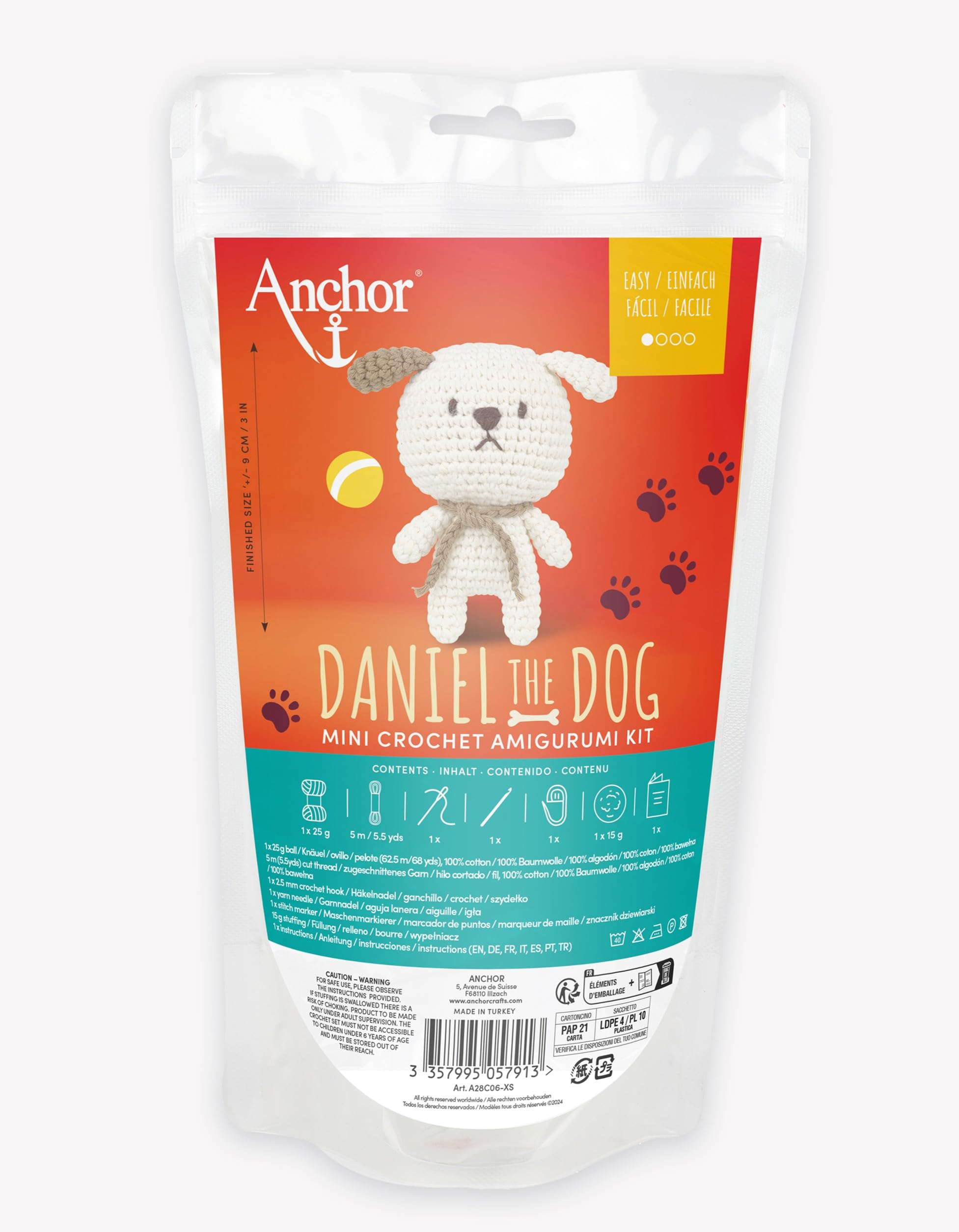 Anchor – Mini Kit Amigurumi Daniel the Monkey | All the Necessary for Making Included | Easy Crochet Kit | 9cm - Ideal Beginners & Creative Gift - Ref A28C06‑XS
