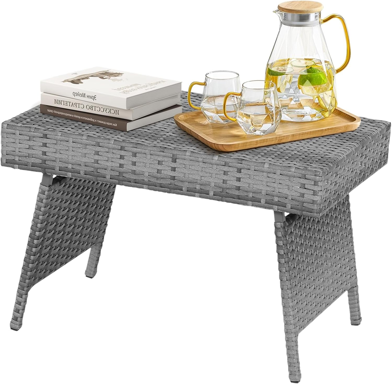 Outdoor Side Table for Patio, Folding PE Rattan End Table with Metal Frame, Portable Wicker Coffee Table for Garden Porch Balcony Deck Poolside (Grey)