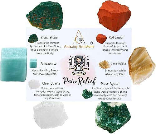 Miniatura 2 de Cristales para la manifestación de alivio del dolor, juego de 6 piedras de sangre, amazonita, cuarzo transparente, jaspe rojo, ágata de encaje y