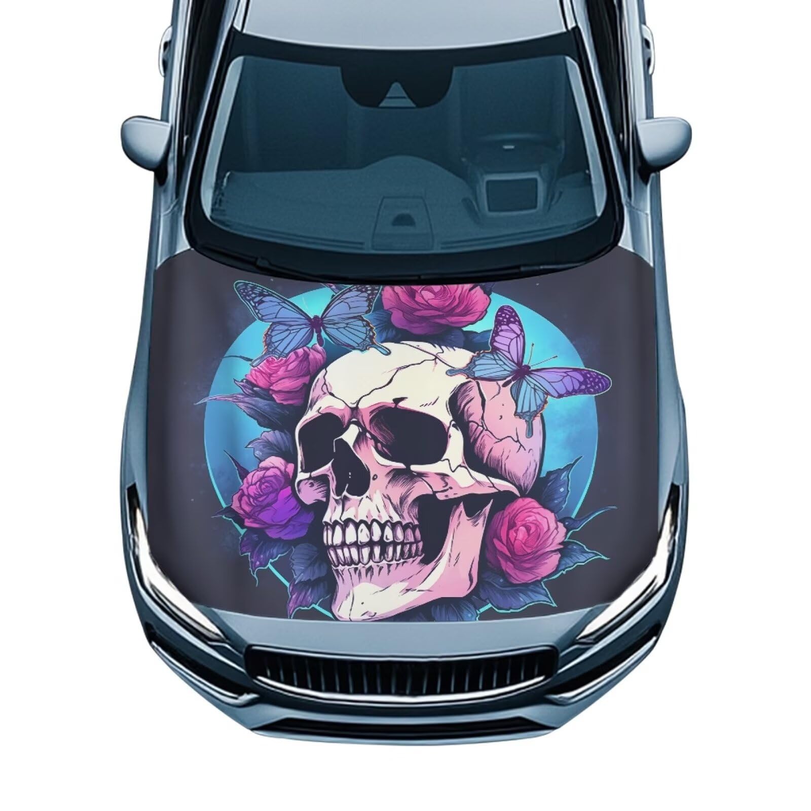 Car Hood Cover for Leaves, Car Bonnet Banner, Universal Fit, Skull Butterfly Rose Waterproof Automotive Hood Covers