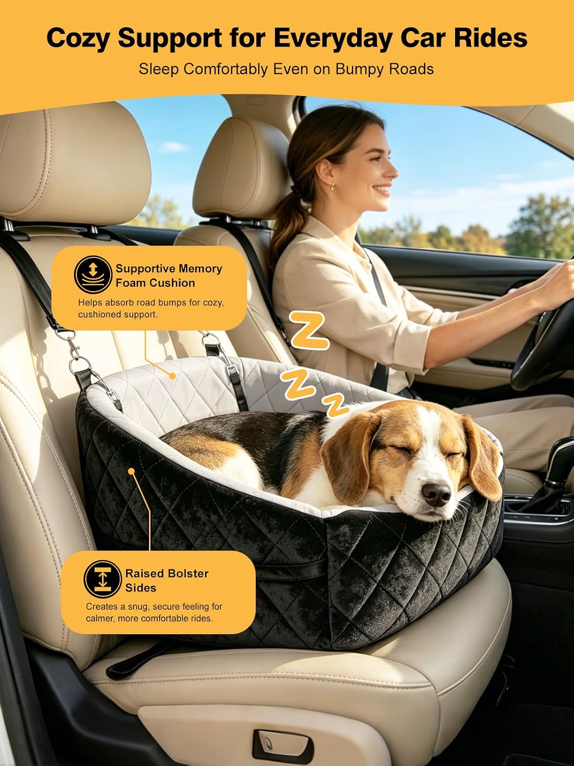 2-in-1 Cat Dog Car Seat for Small Dogs up to 30 lbs Reversible Cool & Warm Pet Travel Bed with Raised Bolster Sides Anti-Slip Base Washable Cover and 2 Safety Tethers image 2