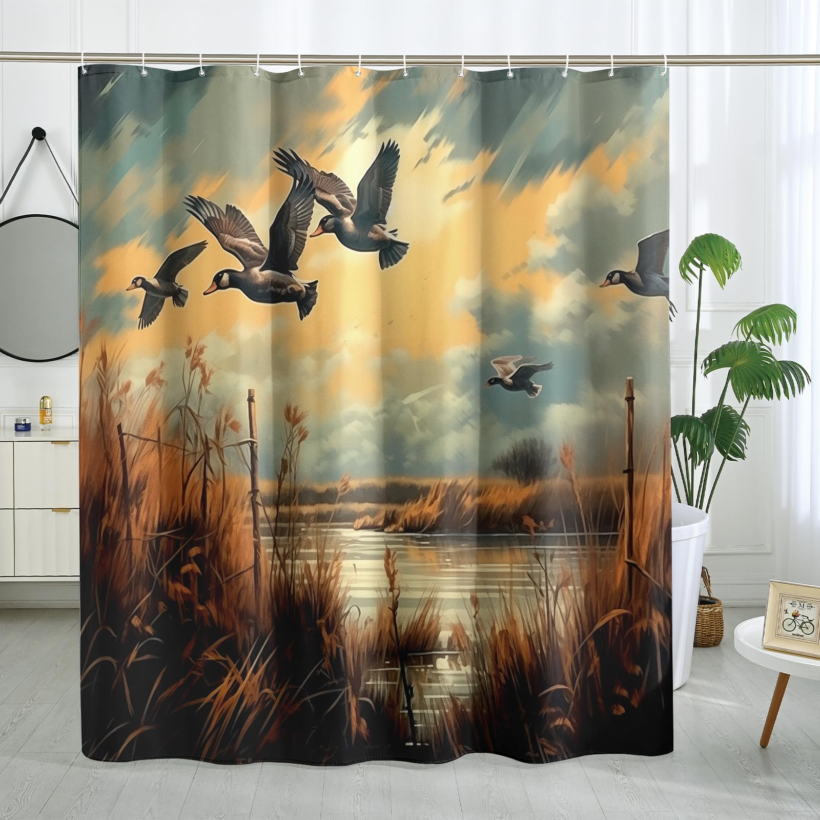Witzest Hunting Wild Ducks Shower Curtain Rustic Country Shower Curtains Vintage Farmhouse Cabin Themed Bathroom Decor Polyester Fabric-62" x 72"