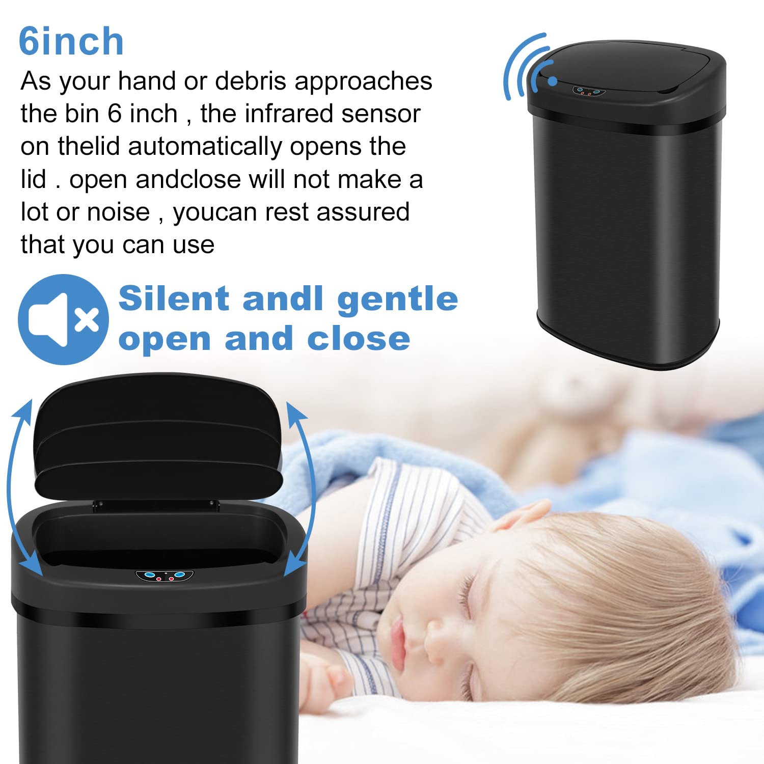 13 Gallon 50 Liter kitchen Trash Can with Touch-Free & Motion Sensor, Automatic Stainless-Steel Garbage Can, Anti-fingerprint Mute Designed Trash Bin Touchless Trash Can for Office Bedroom, Black