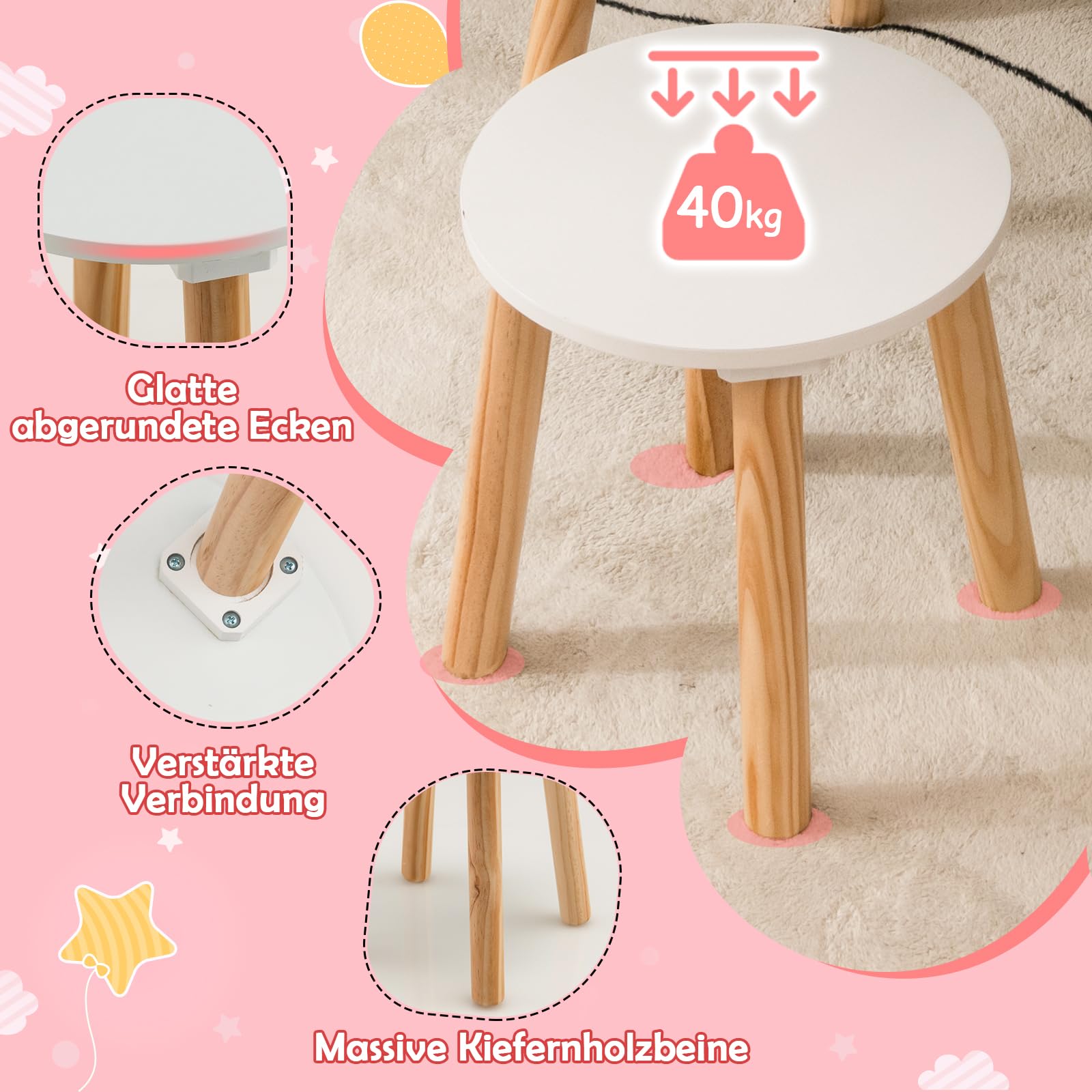 DREAMADE 2 in 1 Kinder Schminktisch mit Hocker und Abnehmbarer Spiegel, Prinzessin Frisiertisch mit Schublade Kosmetiktisch aus Holz, Kinderschminktisch für mädchen