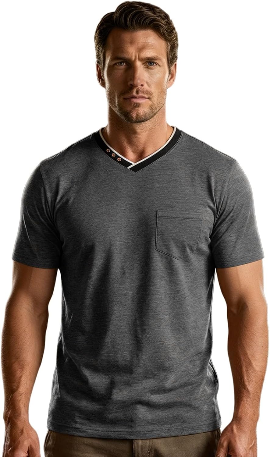 Mens Short Sleeve T-Shirts Textured V Neck Tee Lightweight Fitness Tops Casual Solid Shirt Summer Top with Pocket