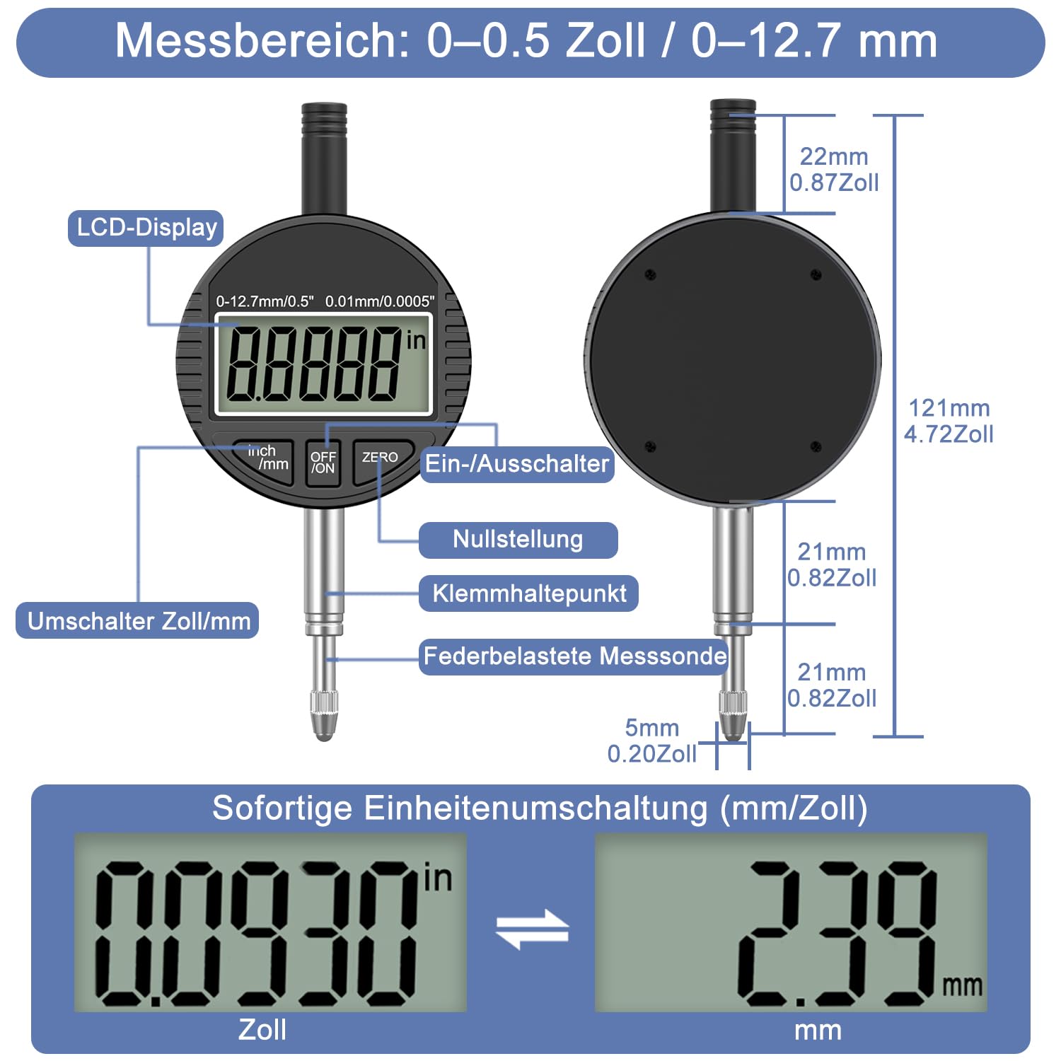 Digital Bohrungslehre Messuhr Set 50-160 mm, Bohrungsmessgerät Messuhr Präzision 0,01 mm, Innendurchmesser Metrisch/Zoll Anzeige mit 12 Messspitzen für Formabweichungen （Schwarz）