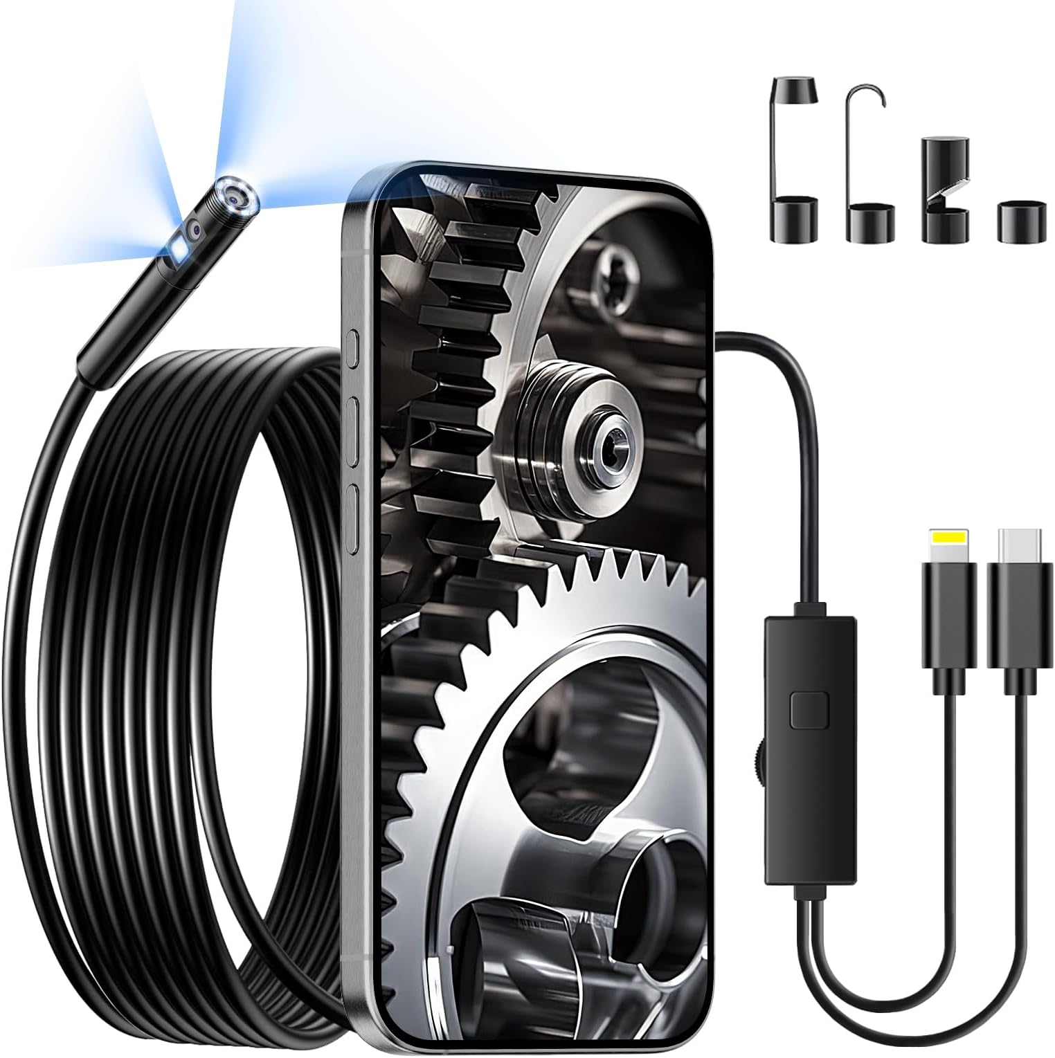 Endoscope Camera with Light, 1920P Borescope Camera with 8+1 Adjustable LED Lights, Semi-Rigid Cable 16.5FT, IP67 Waterproof for iPhone, iPad, Samsung,Cool Gadgets for Men
