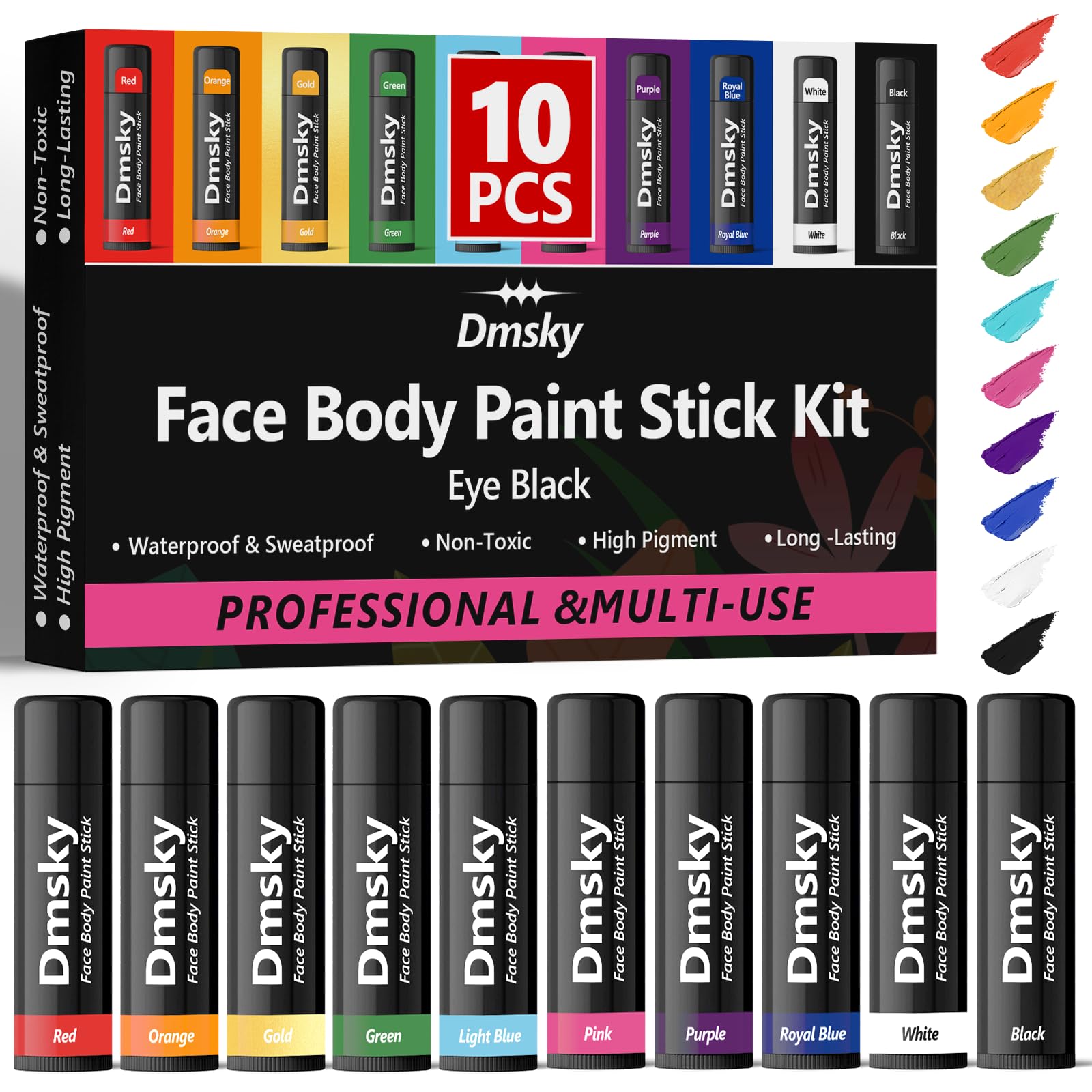 Dmsky 10 Packs Eye Black Sports Stick for Football, Baseball, Softball-Anti-Glare Face Body Paint Stick Kit,Water-Proof Eye Sports Paint Sticks,10 Color Eyeblack Painting Kit for Athletes & Fans 10 Colors - 10 Pack
