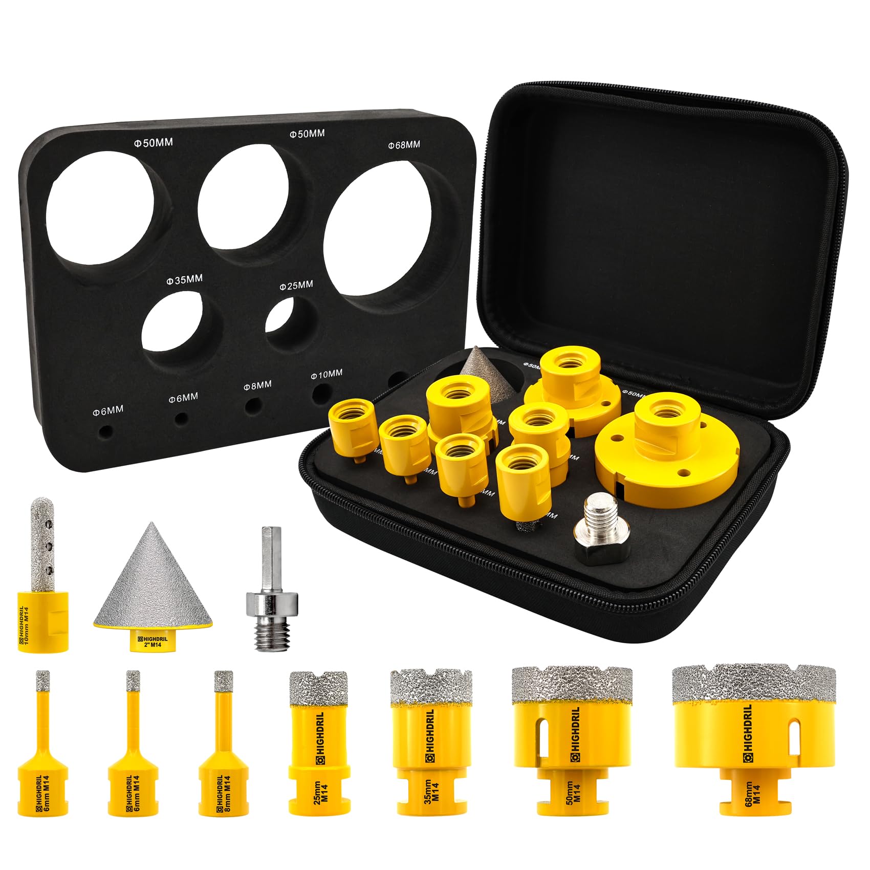 HIGHDRIL Diamond Hole Saw Kit, 6/6/8/25/35/50/68mm Drill Bits, 10mm Finger Bit, 50mm Chamfer Bit, HEX Adapter