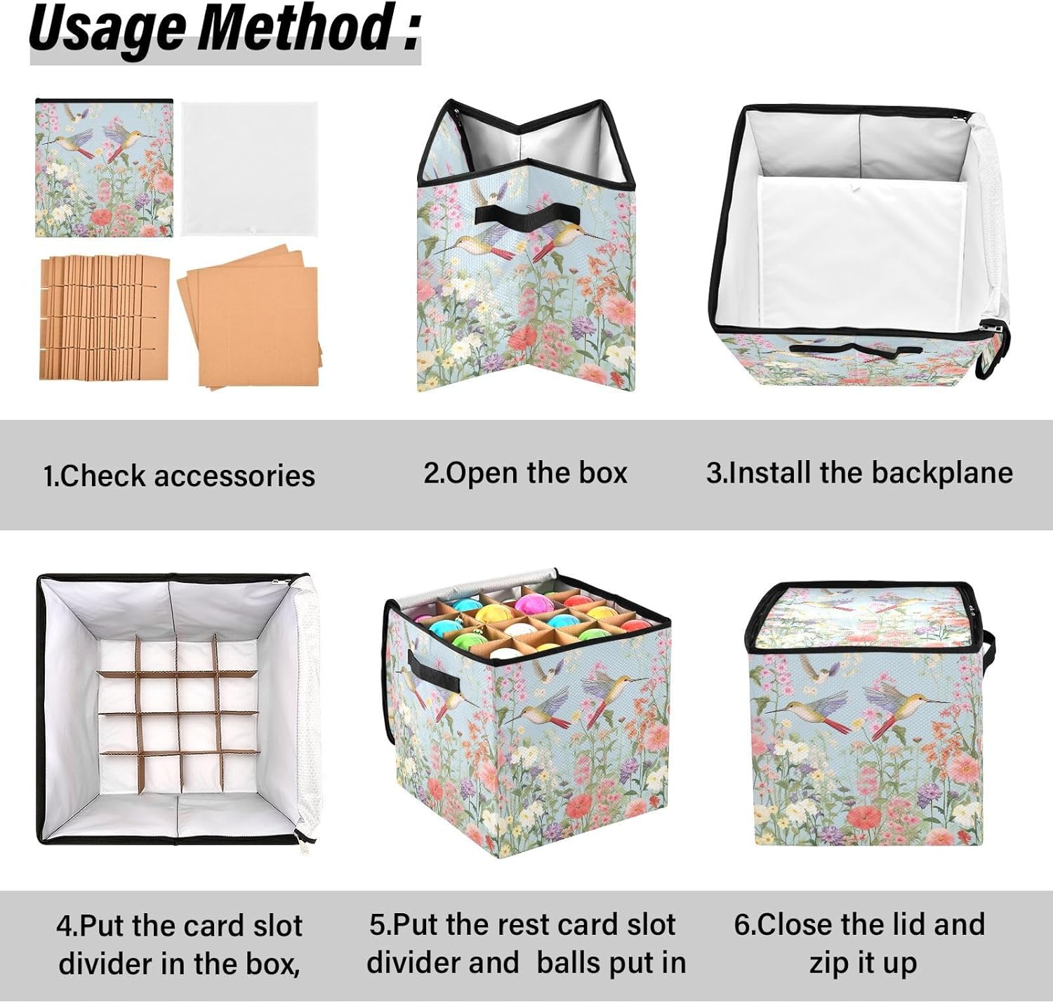Flowers & Birds 13 Inch Christmas Ornament Storage Box with Lid - Holiday Decor Storage Containers, Stores 64 Ornaments, 3 Inch Cube Compartments