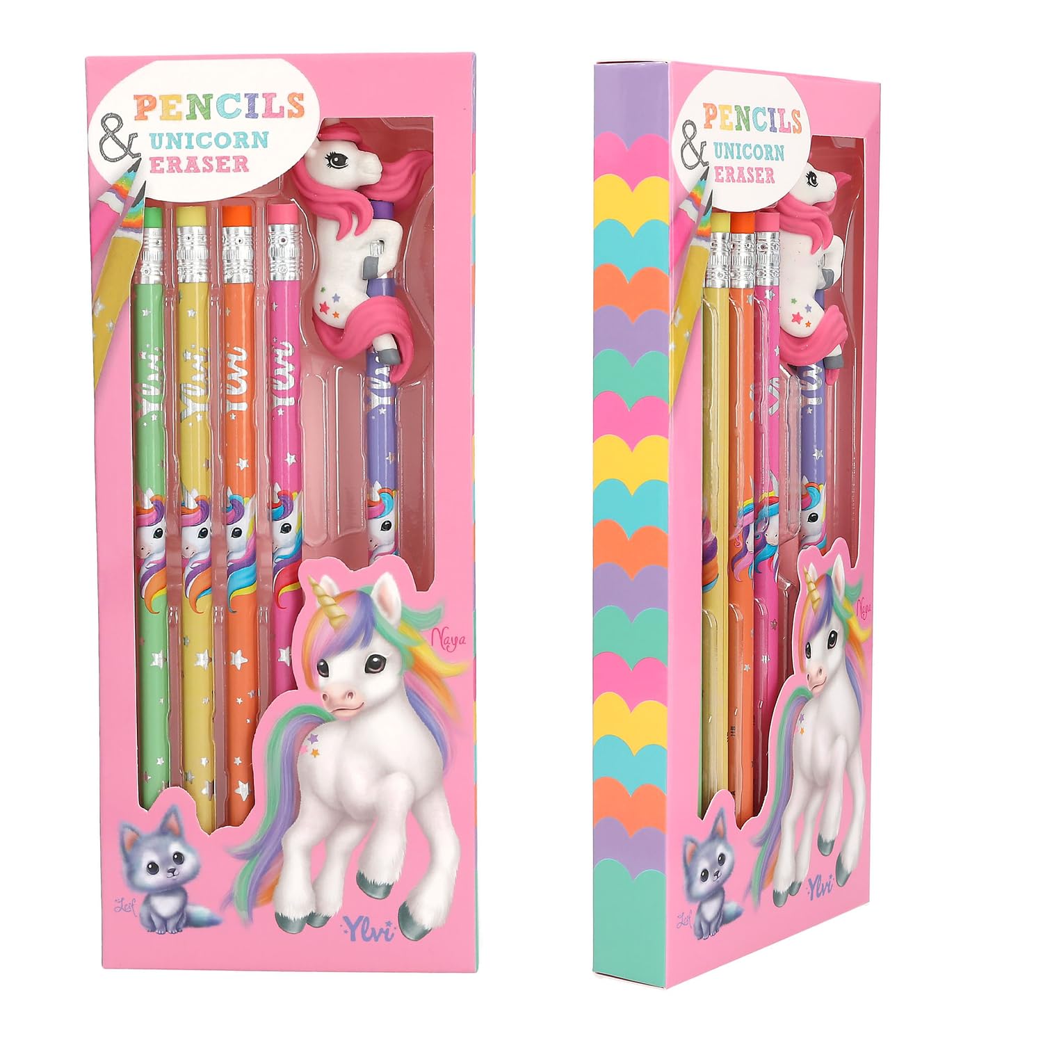 Depesche 12861 Ylvi Rainbow Pencil Set, 5 Pens in Different Designs, Each with Eraser, Includes Extra Unicorn Eraser