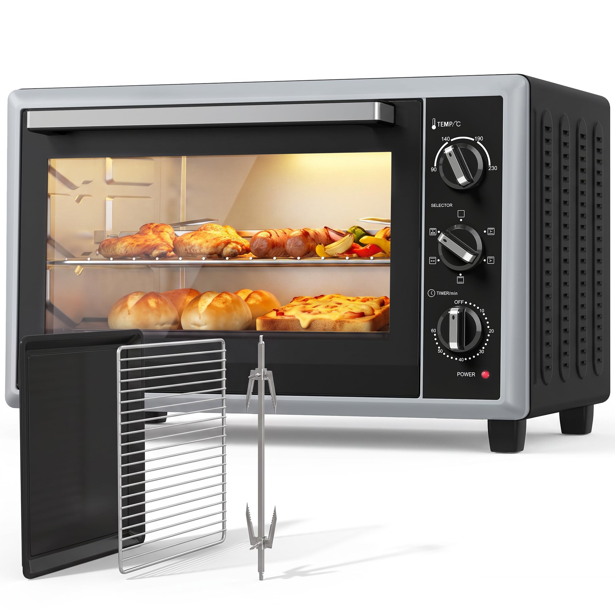 HOMCOM Mini piekarnik z obiegiem, rożen obrotowy, 46 l, 90-230 ℃, timer 60