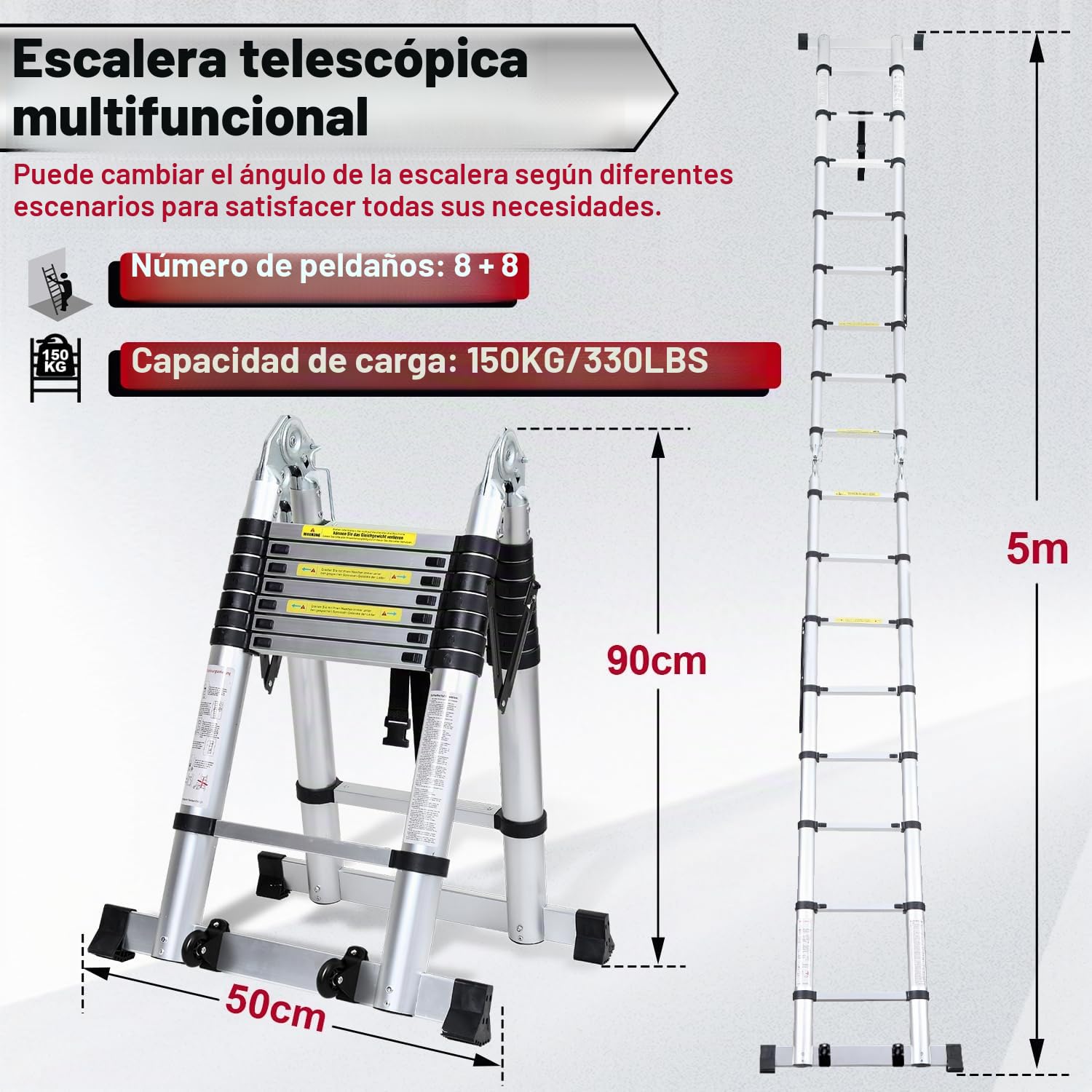 Escalera telescópica plegable de aluminio, 5 m, antideslizante, marco en A, con estabilizador triangular y ruedas, escalera multiusos extensible, soporta hasta 150 kg, color plateado