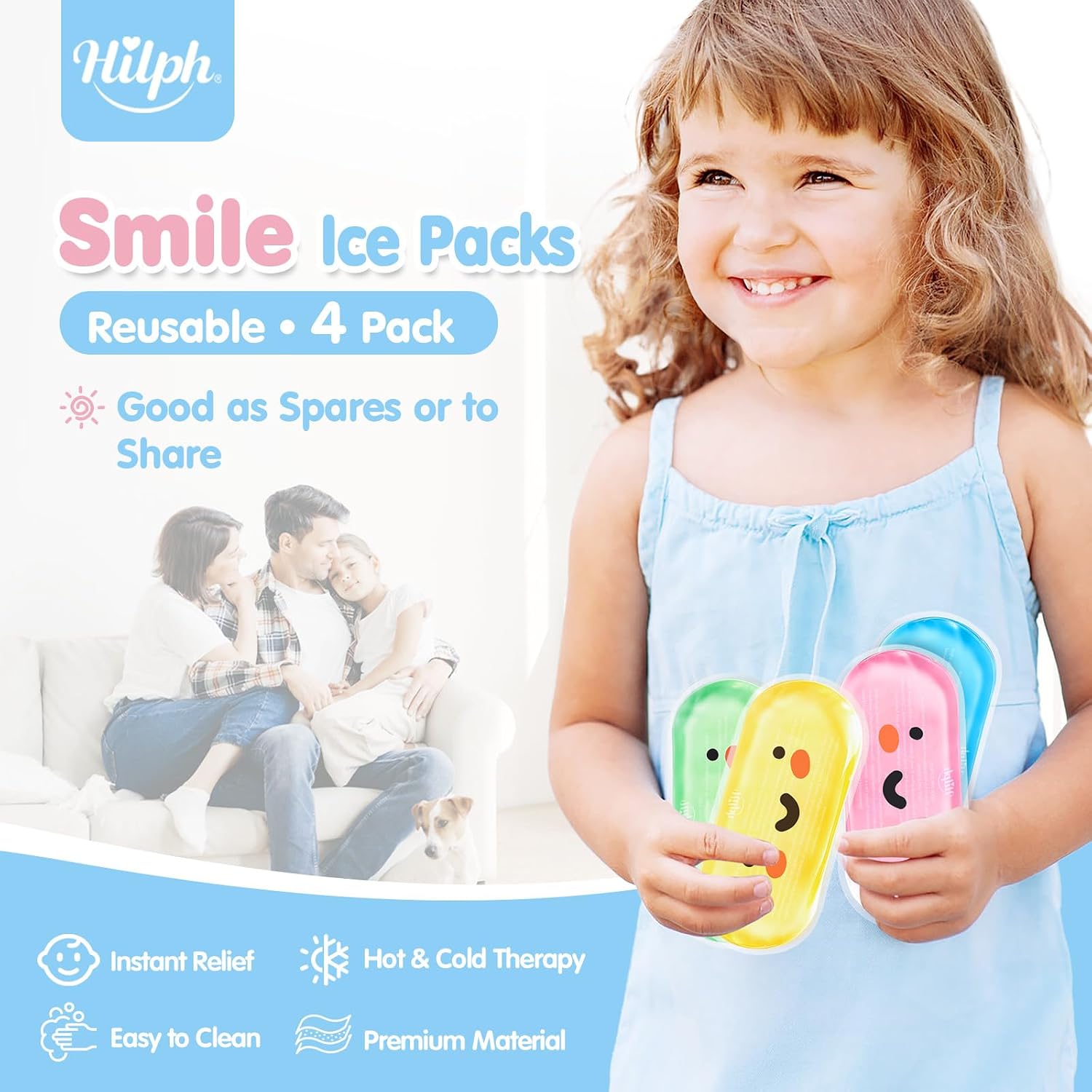 Hilph Kids Ice Packs for Boo Boos, Reusable Toddler Ice Packs for Children & Baby Injuries, 4 Cute Small Ice Pack for Pain Relief, Bump, Bruise, First Aid, Hot & Cold Compress for Body Pain Relief