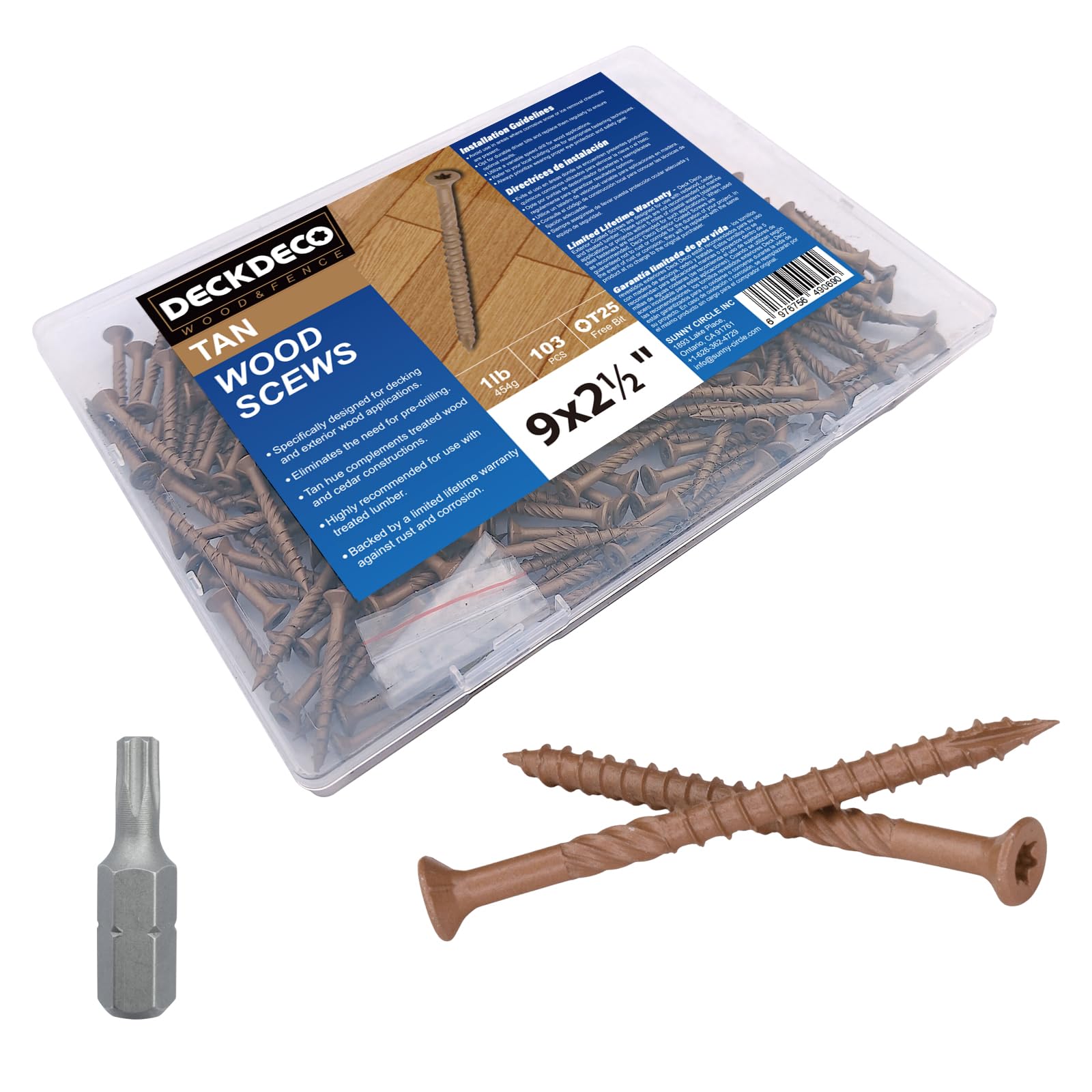 DECK DECO Wood Screws #9 x 2-1/2" 92pcs(Approx), Tan Ruspert Coating Exterior Deck Screws, Torx/Star Drive Flat Head,Twist Shank, Cut Tip/Thread, Bit
