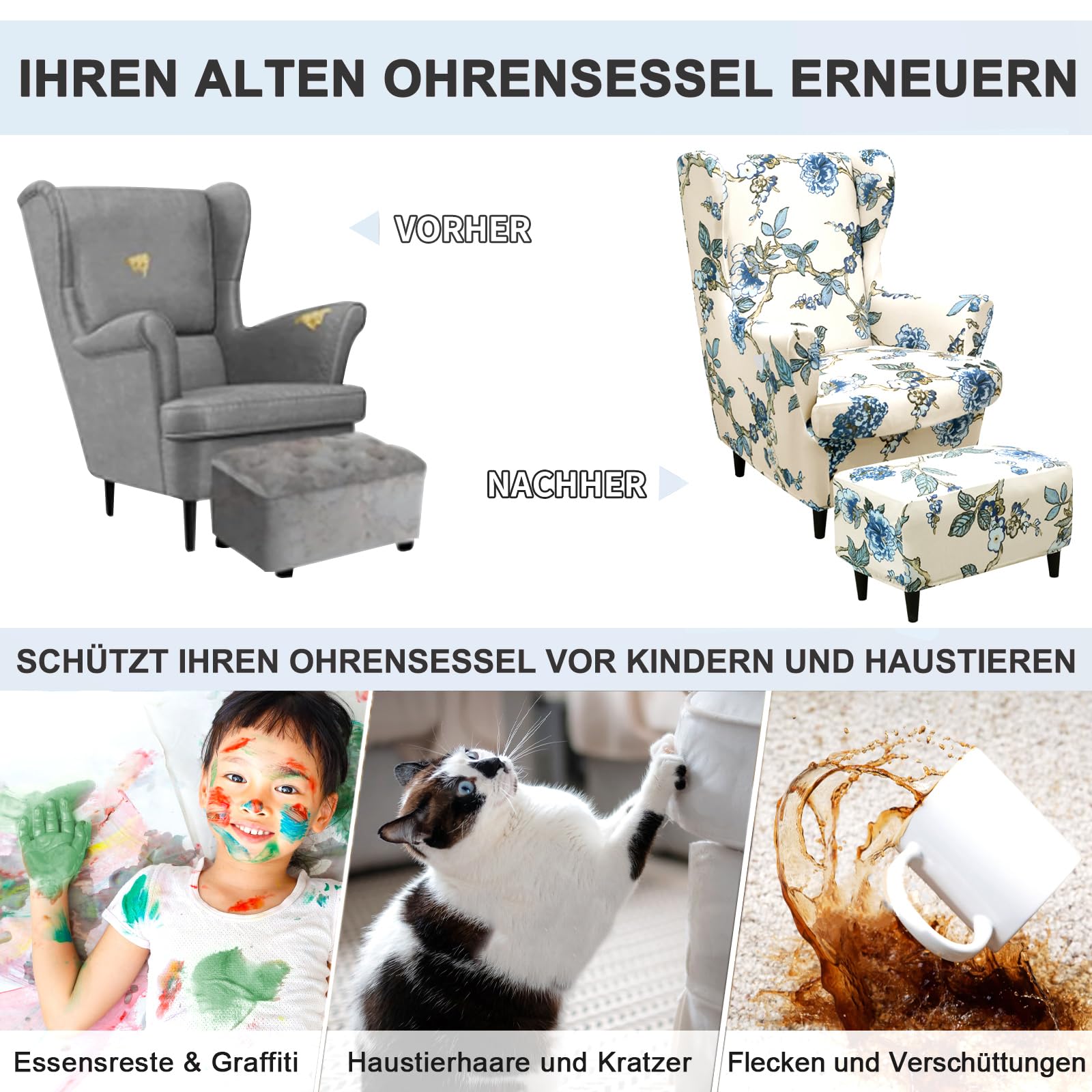 CHNSHOME Housse de Fauteuil à Oreilles 2 pièces Extensible Housse de Fauteuil à Oreilles 1 Place avec accoudoirs élastique Housse de Chaise à Oreilles Gris Clair CHNSHOME Housse de Fauteuil à Oreilles 2 pièces Extensible Housse de Fauteuil à Oreilles 1 Place avec accoudoirs élastique Housse de Chaise à Oreilles Gris Clair