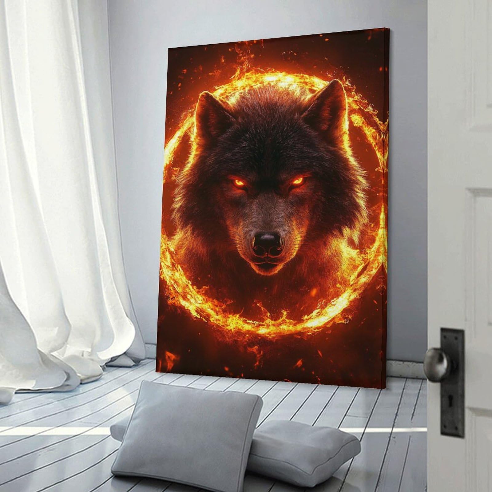 Junmoney Fiery Wolf with Glowing Eyes Decorative Wall Artwork, 24x36inch(60x90cm), for Home Lounge, Bedroom Or Reading Nook, Easy Decor for Gallery Walls