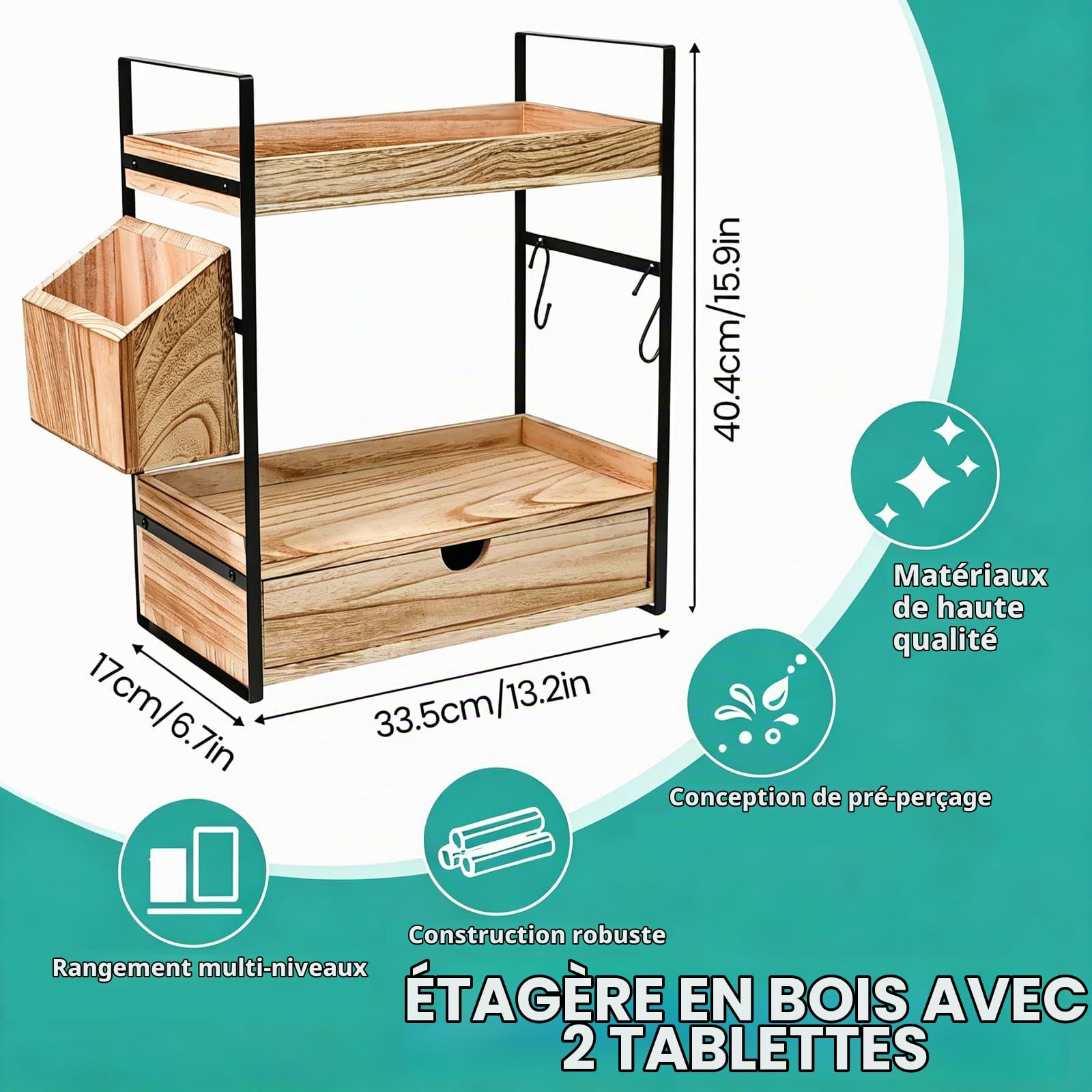 Organisateur de Salle de Bain 2 Niveaux, Étagère de Rangement en Bois et Métal avec Panier Latéral, Support Multifonction pour Cuisine, Bureau, Chambre, Range-Cosmétiques, Épices, Café, Thé