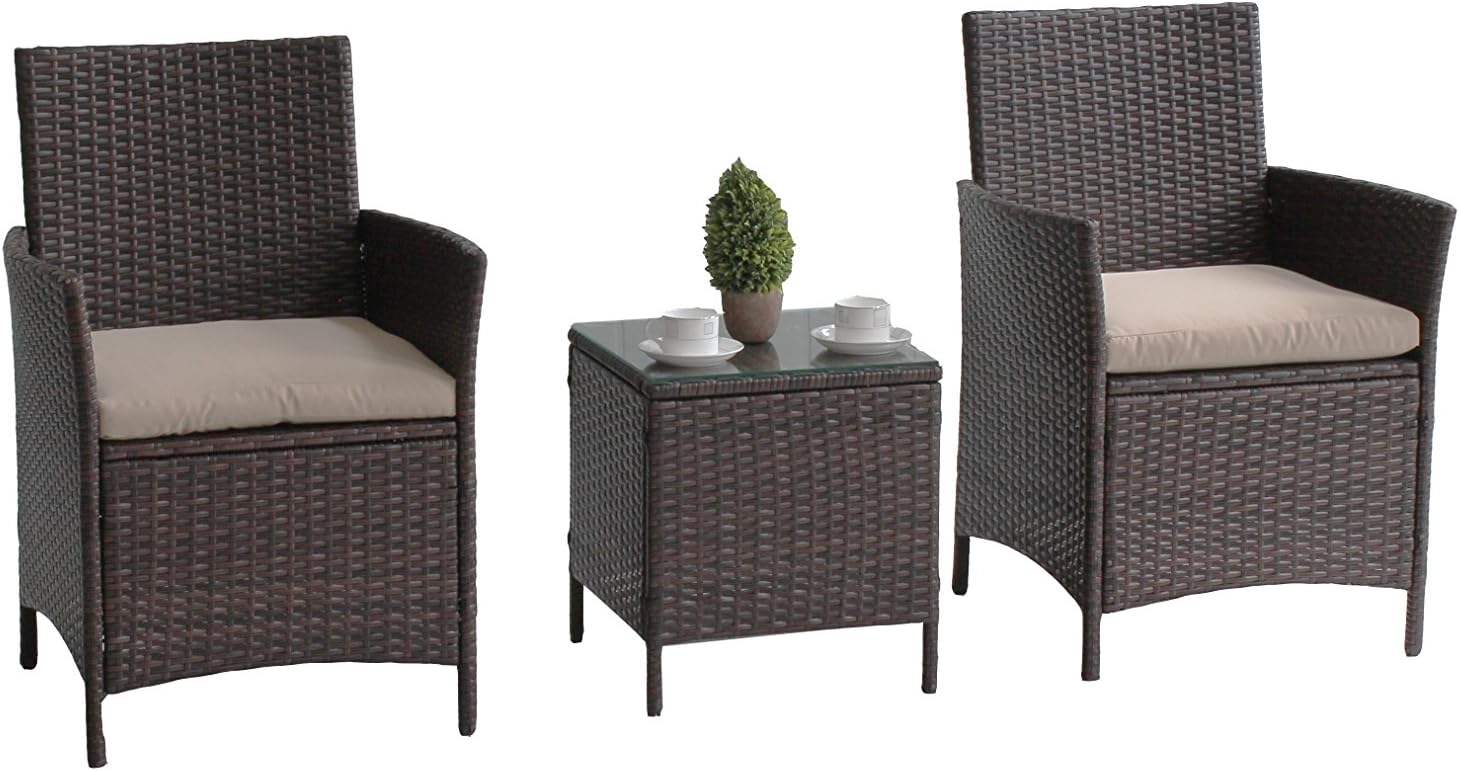 United Flame 3PC Patio Bistro Garden Furniture Set Wicker Rattan Outdoor Indoor Conversation Café set Cushioned-Helsinki Café set One Table And Two Chair (Brown)