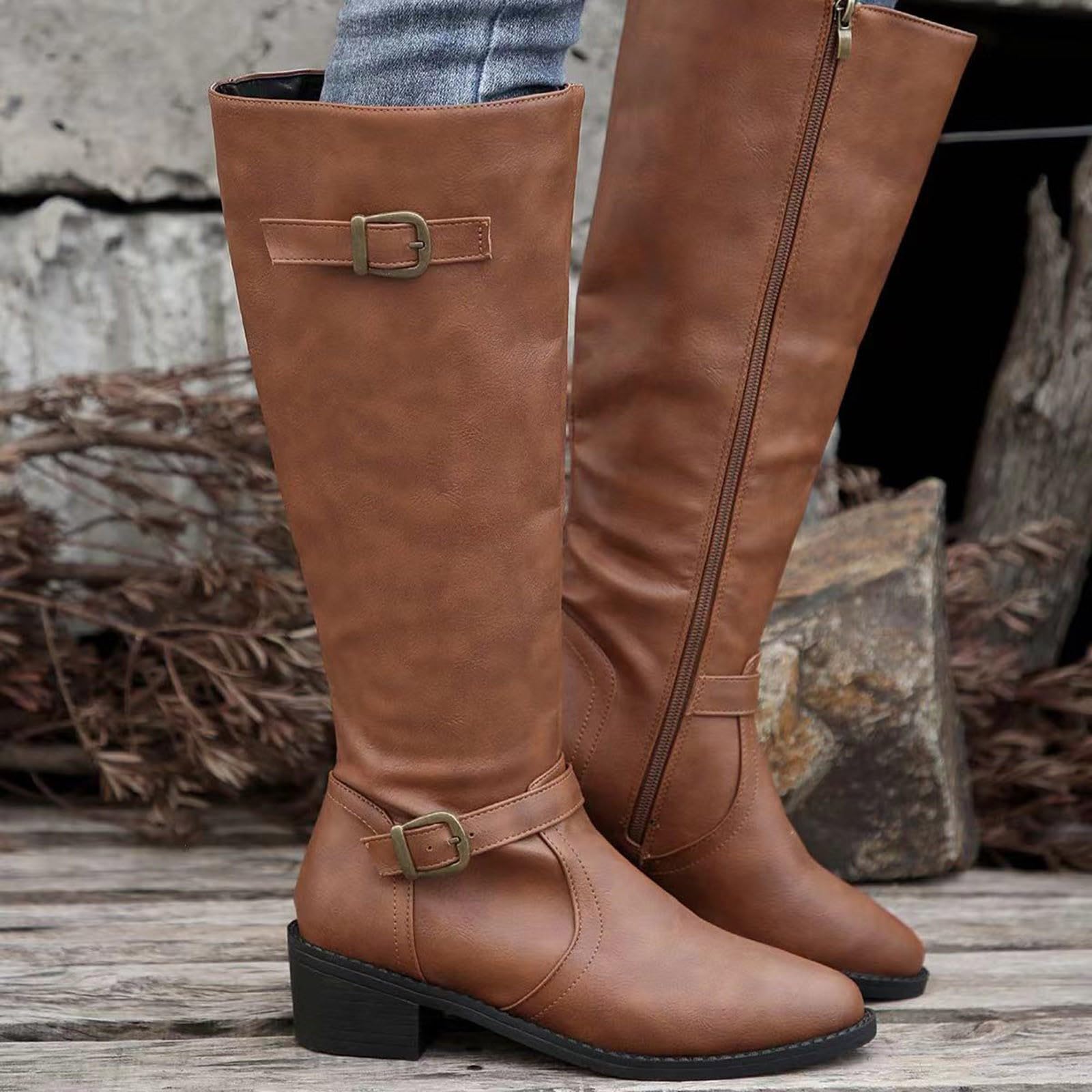 Botas de Invierno Mujer Botas Altas hasta la Rodilla de Moda con Hebilla Decorativa y Cremallera Lateral. Diseño Elegante y Estilo inglés para un Look Moderno.