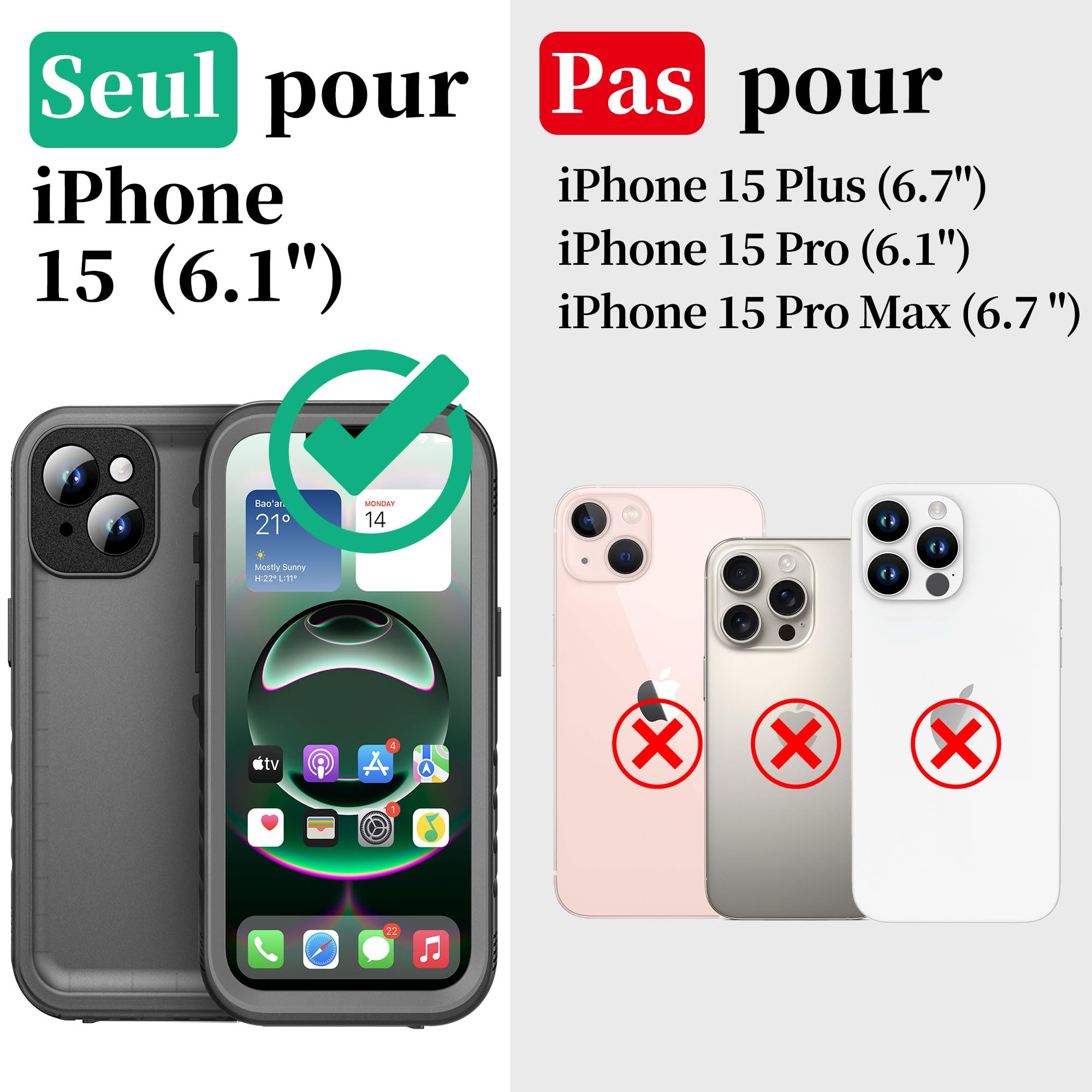 Cozycase Coque pour iPhone 15 Etanche Antichoc - 360 Integral Incassable Militaire Super Résistante Housse IP68 Waterproof Chantier Anti Choc Eau Poussière Coque Case et Protection Ecran/Camera-Noir