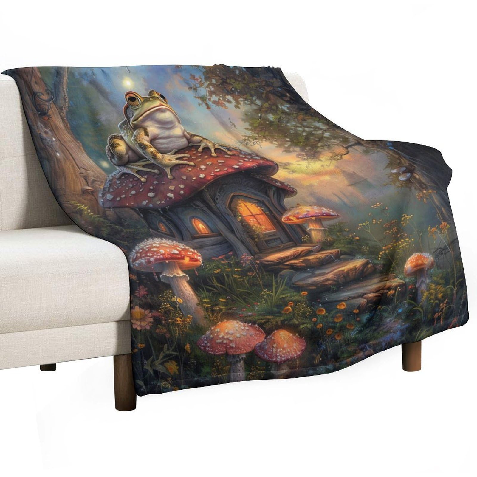 HDESDIS Abstract Forest Flannel Throw Blanket, Soft Cozy Warm Fleece Fantasy Frog Mushroom Plants Blanket for Couch Sofa Bed