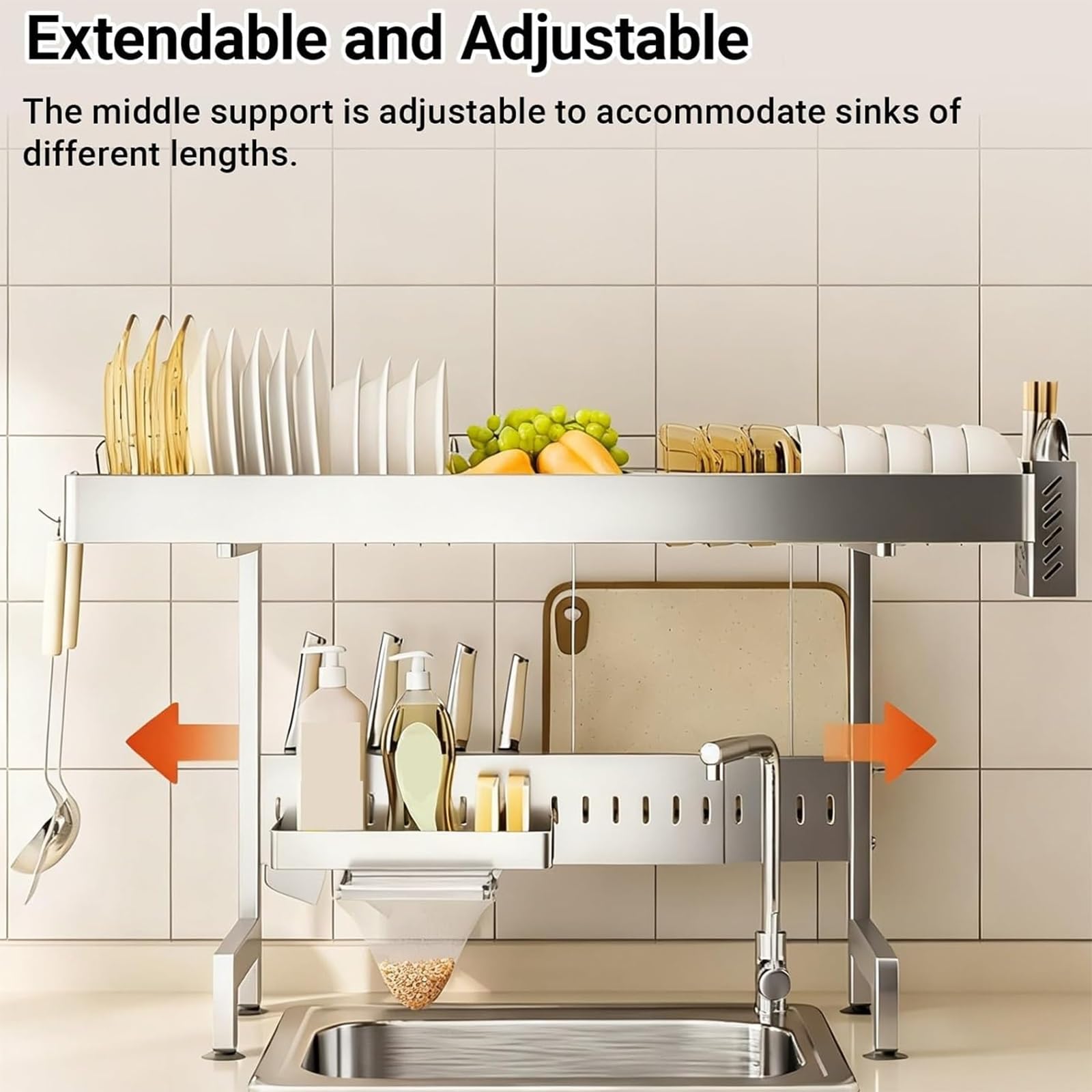 Escurreplatos de cocina ajustable de acero inoxidable para encimera que ahorra espacio (55 88 cm, 8,6 y 87,9 cm) para un secado eficiente y nizat
