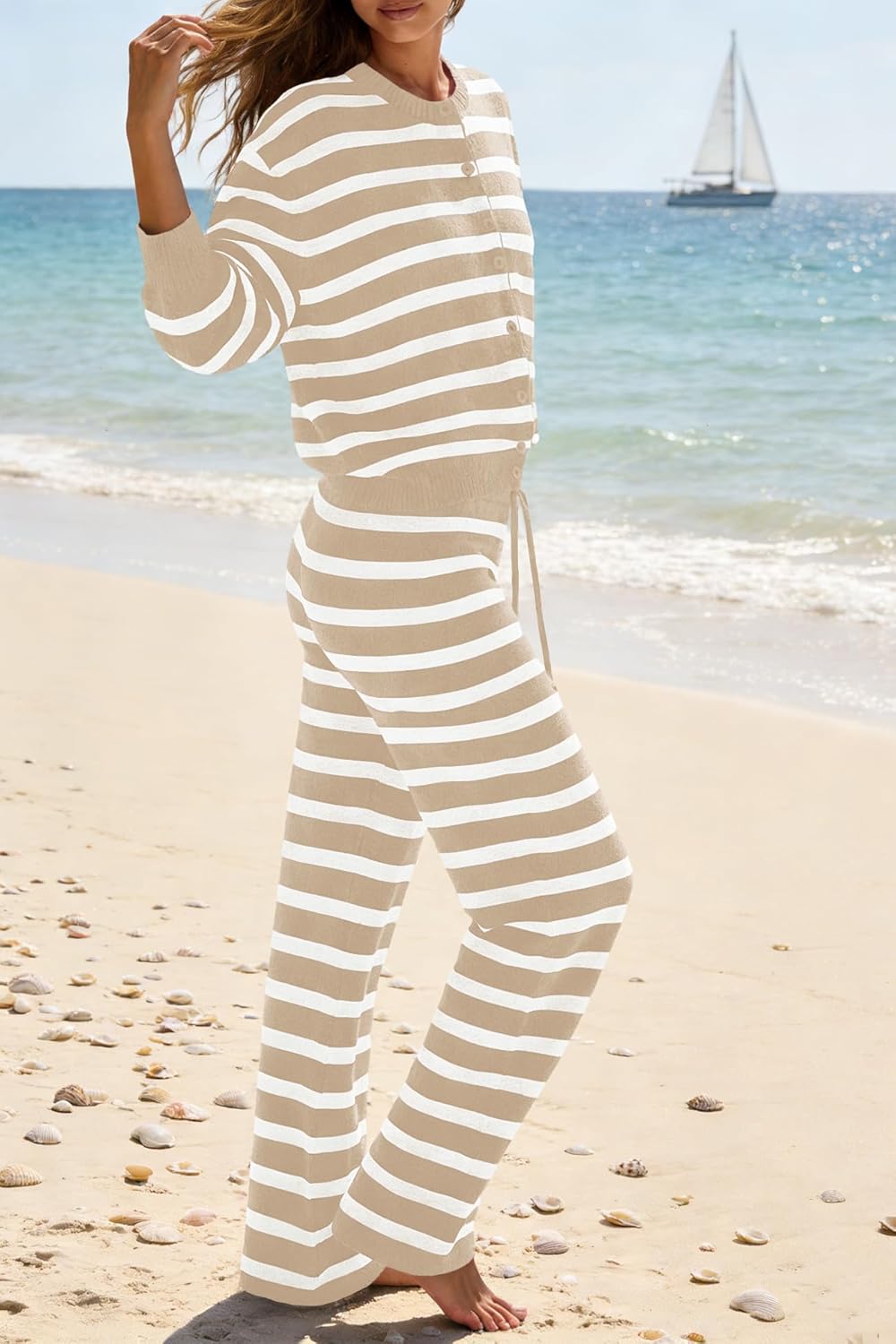 ReachMe Womens Oversized Striped 2 Piece Sets Button Up Cardigan and Wide Leg Pants with Pockets Fall Pajama Outfit - Image 2