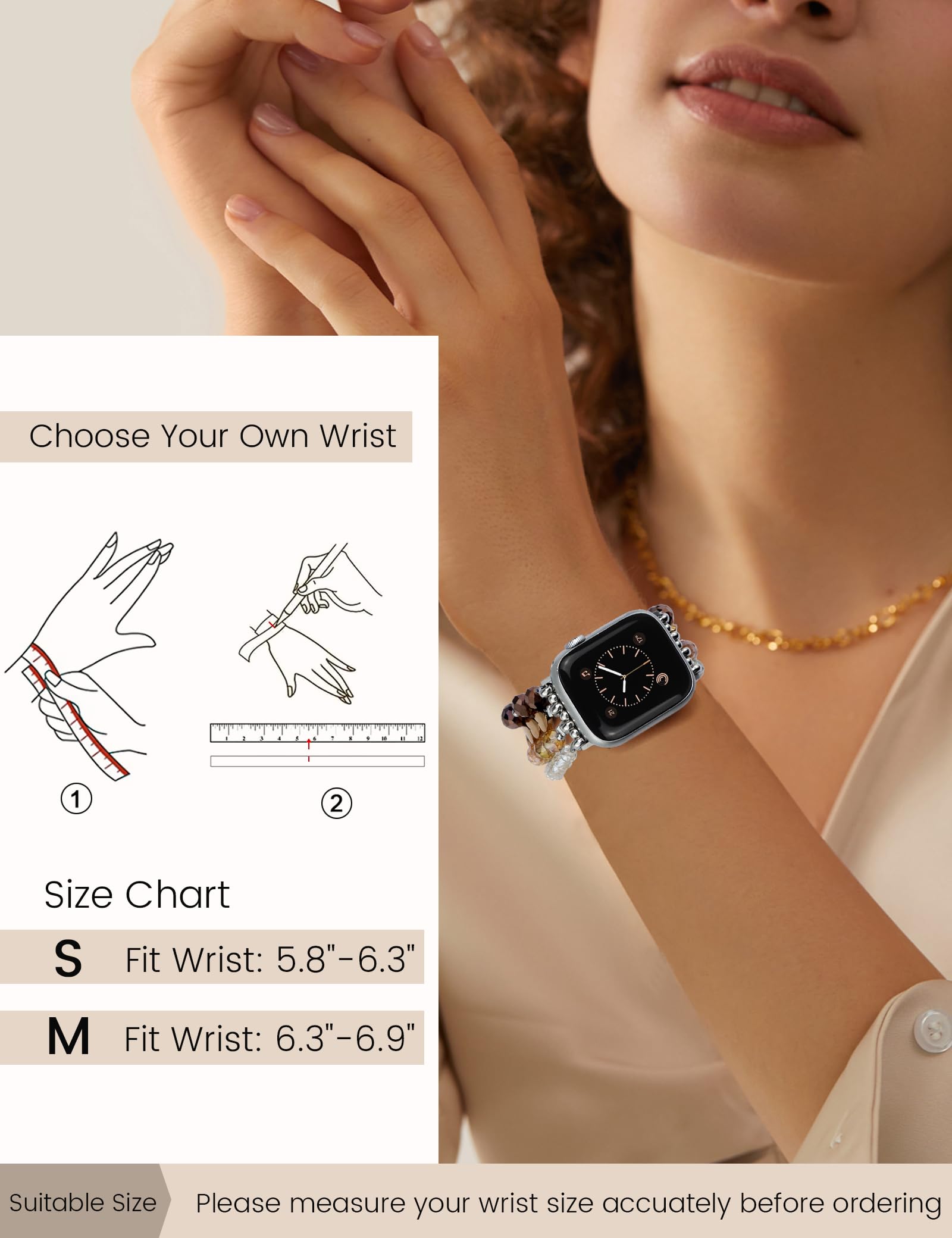 JR.DM Bracelet à perles compatible avec Apple Watch 44 mm, 42 mm, 45 mm, Series 9/8/7/SE/6/5/4/3/2/1, bracelet de rechange extensible fait à la main pour femmes et filles (café)