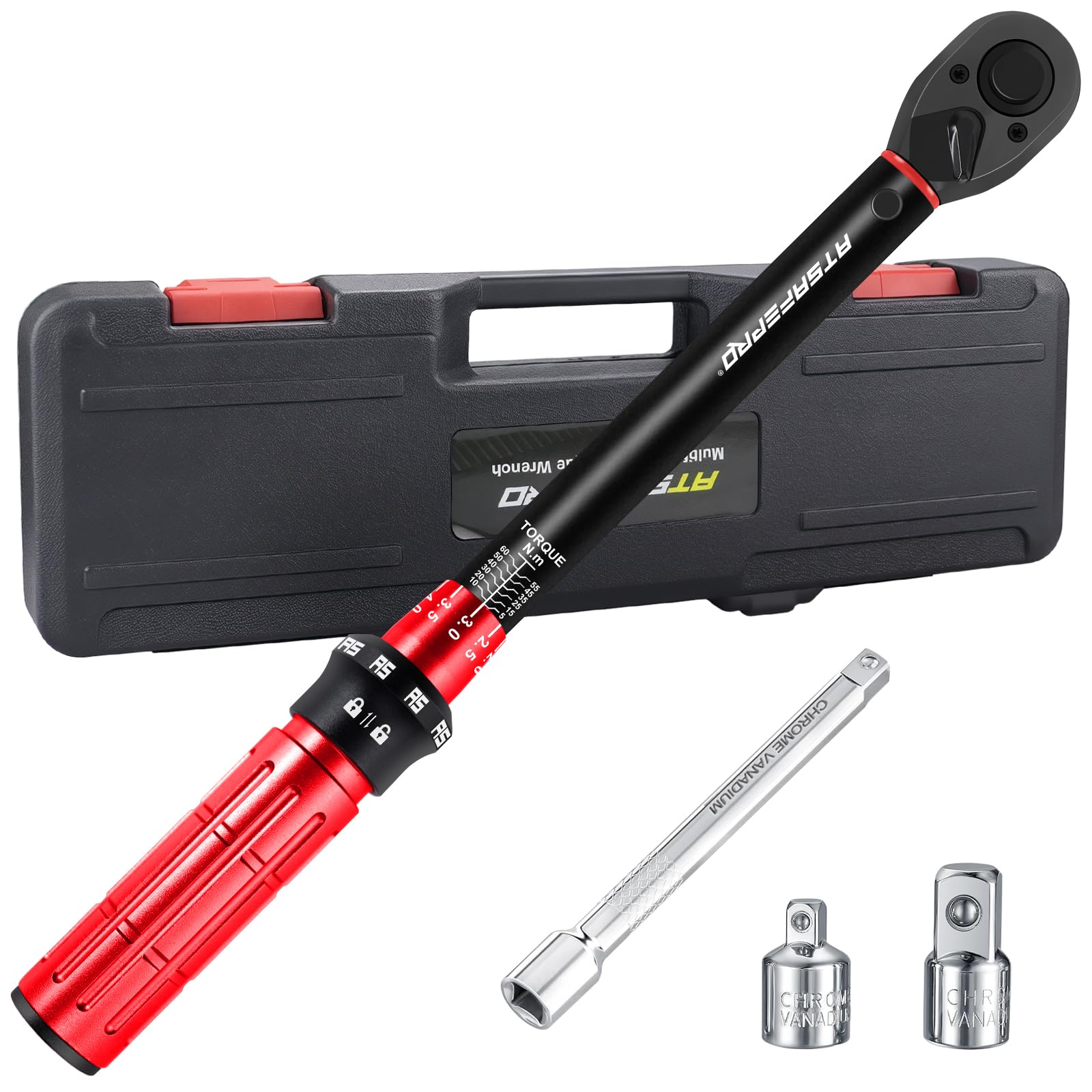 ATsafepro 3/8" 5-60Nm Car Torque Wrench Set with 3/8 to 1/4 to 1/2 Adapters and 6" Extension Bar, Accuracy ±3% Reversible Ratchet Head for Car, Motorcycle, Bike and DIY