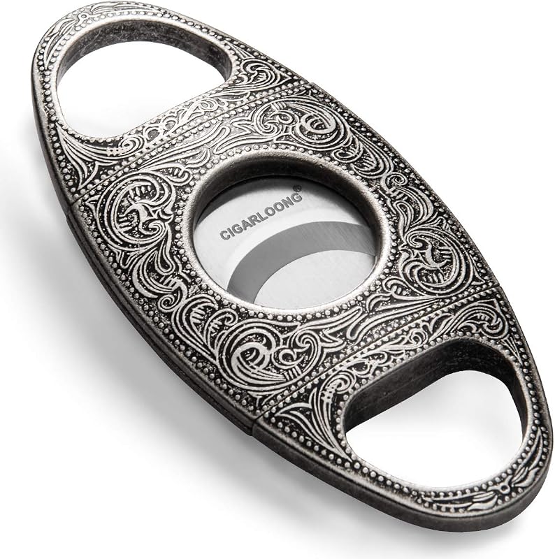 CIGARLOONG Cigar Cutter Stainless Steel Bronze Engraved Double Cut Blade (Color:Silver1)