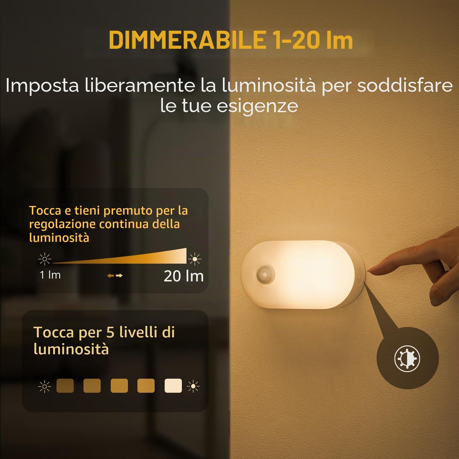 LYRIDZ - Luce notturna ricaricabile da attaccare ovunque con sensore di movimento, luce bianca calda da 1 a 20 lm, luce LED con tramonto all'alba, corridoio, confezione da 4