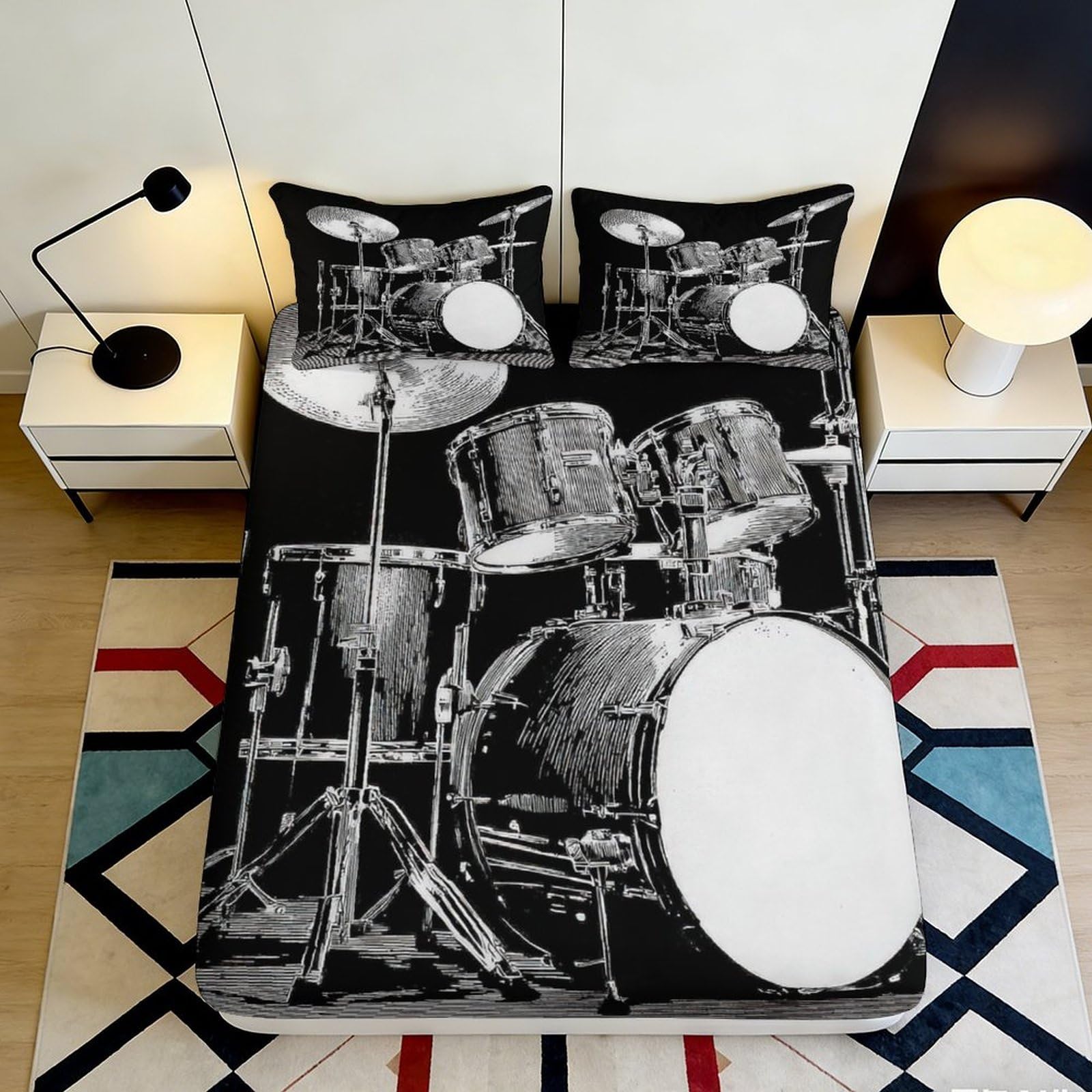 3D Printed Drum Kit Fitted Sheet Microfiber Black White Music Theme Bed Cover for Bedroom Dorm Mattress Decor 90x200x25cm