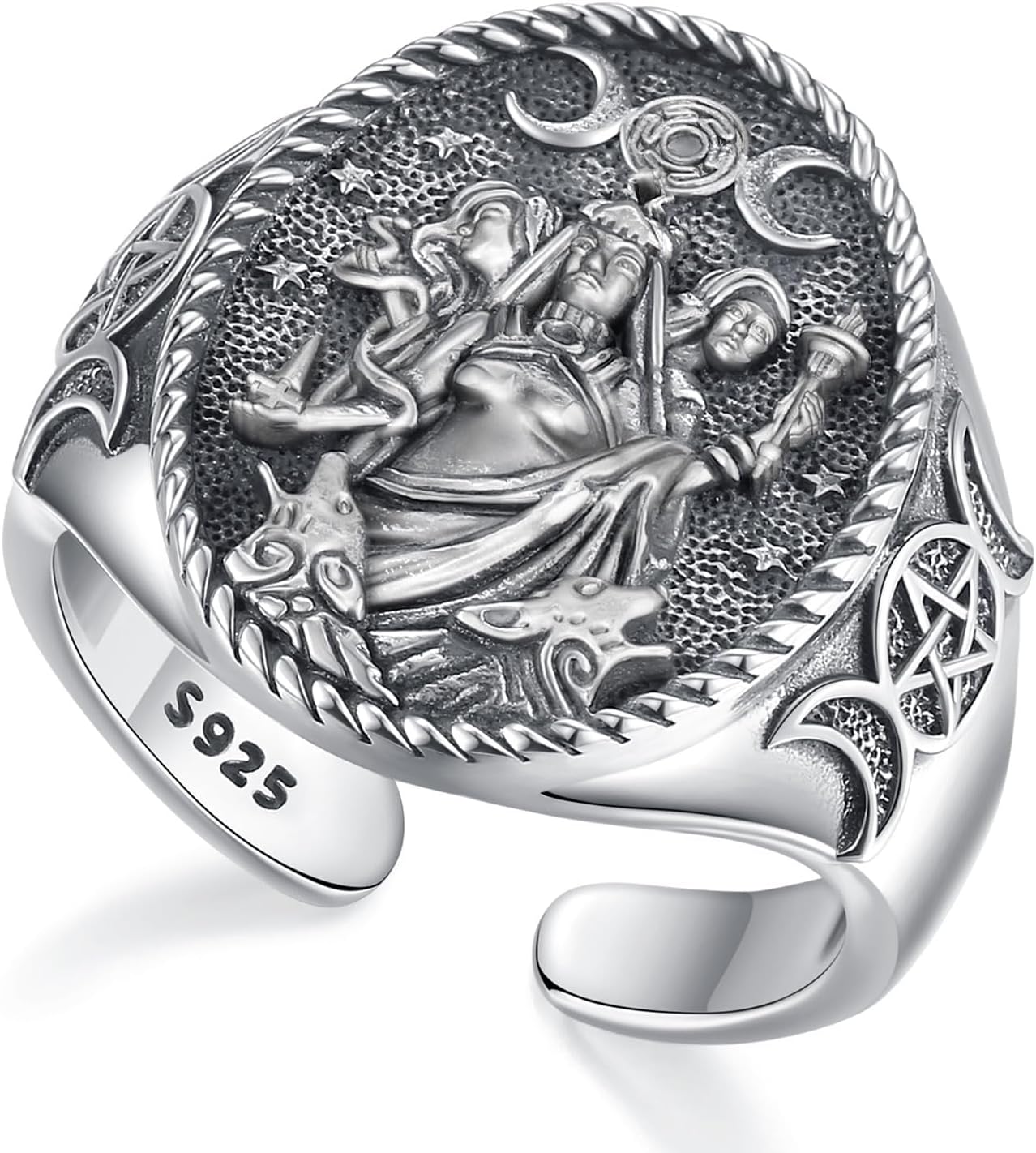 Vito 925 Sterling Silver Adjustable Band Ring for Women Men, Seven Archangels Band Ring St Benedict Evil Eye Hecate Triple Moon Goddess Rings Vintage Jewelry