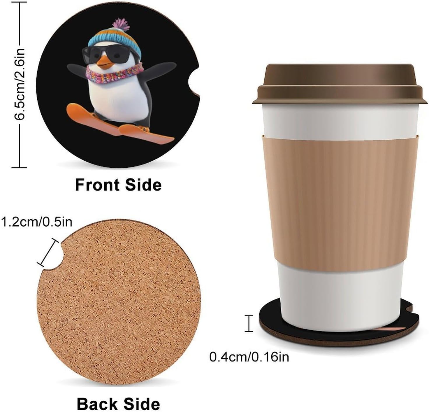 Penguin Ski Skiing Cute Car Coasters 2.56 Inch Absorbent Cup Holder for Drinks Auto Interior Accessories