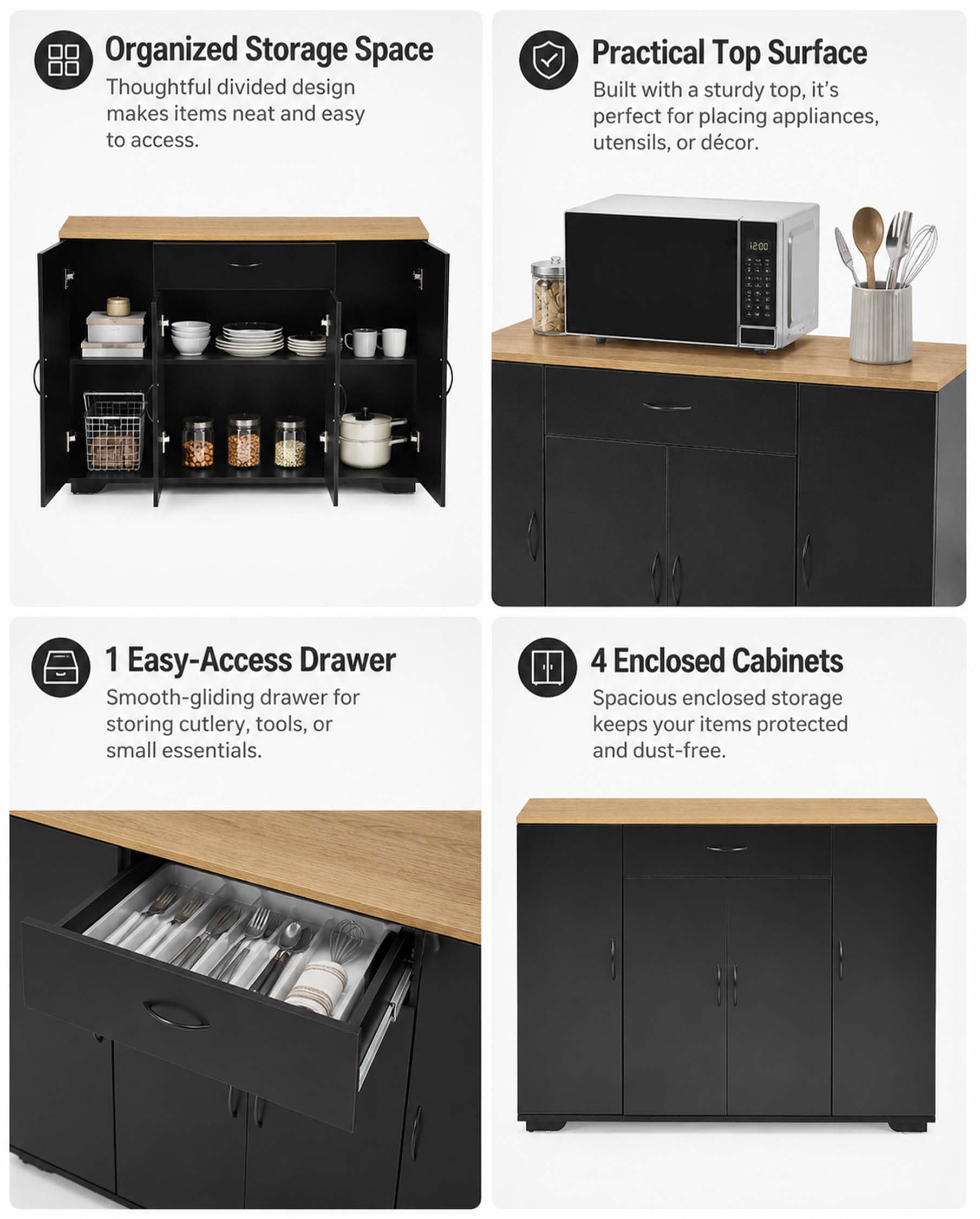Küchenschrank mit Arbeitsplatte Schwarz Küchenkommode 110 x 30 x 70 cm mit Schublade und 4 Türen Küchenunterschrank schmal freistehend Sideboard Stauraum Küche Esszimmer