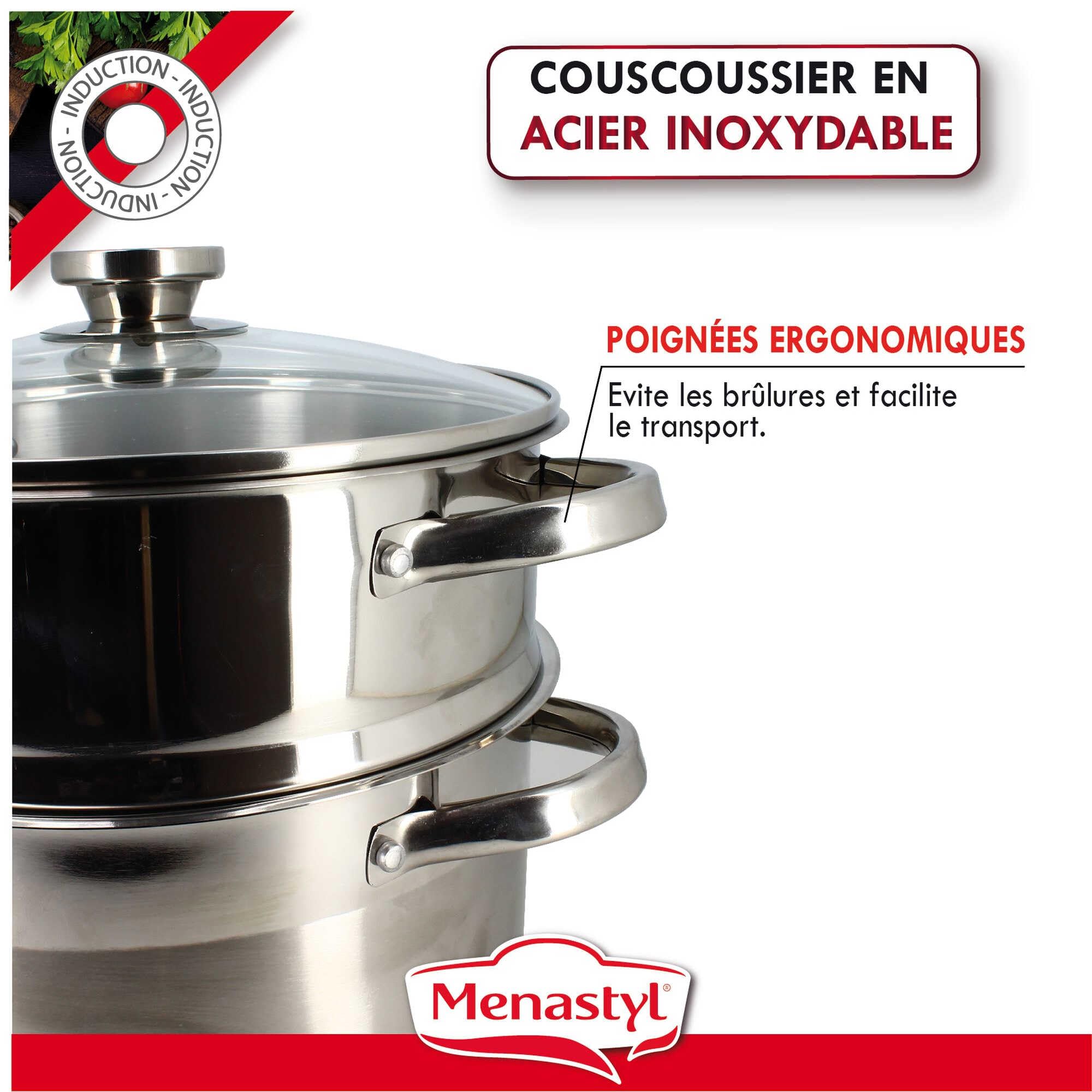 MENASTYL - Couscoussier 10L en acier inoxydable - Couvercle en verre - 4615450