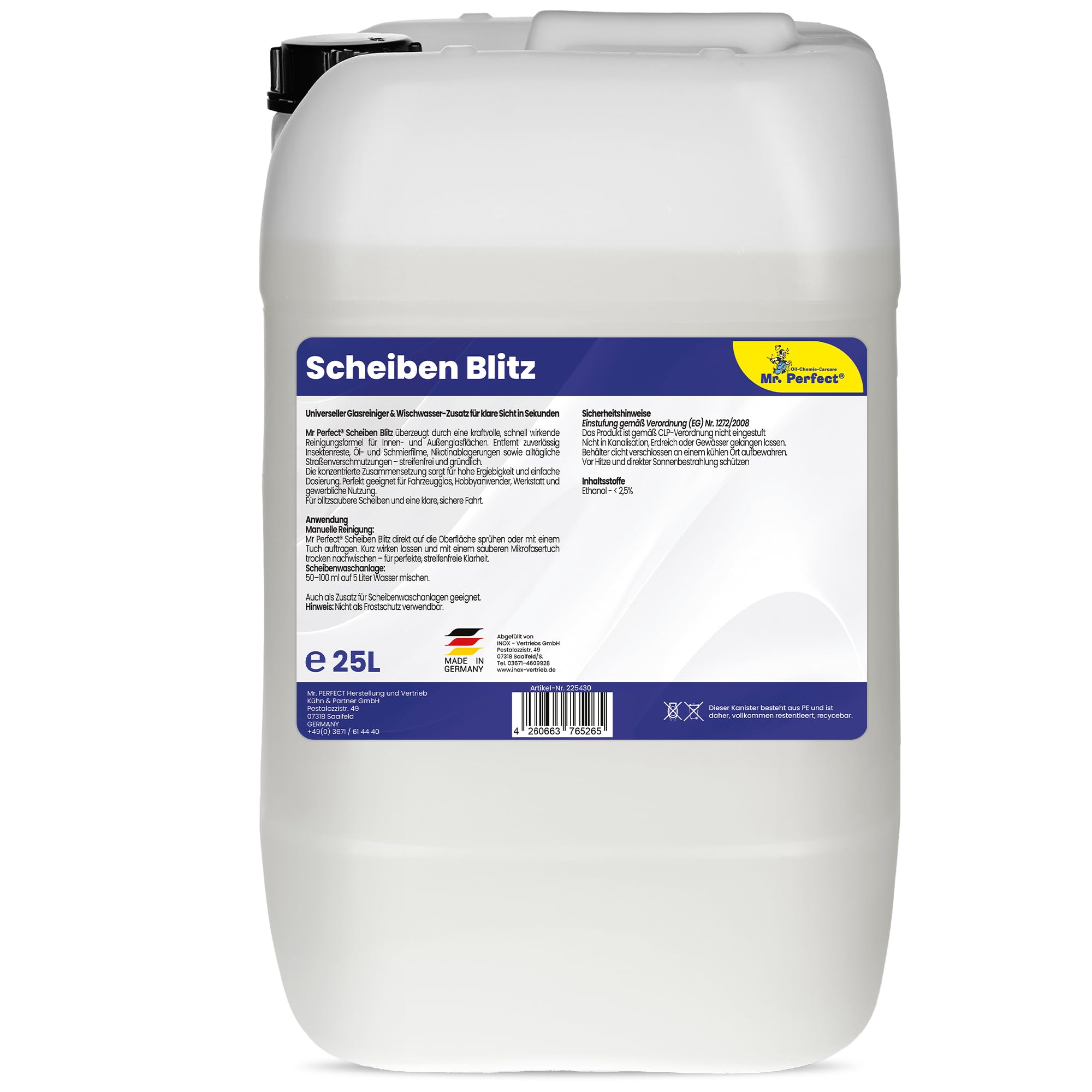 Mr. Perfect Scheiben Blitz 1 x 25 Liter | Leistungsstarker Auto Scheibenreiniger für streifenfrei klare Sicht | Auch als wirksamer Scheibenwischwasser Zusatz geeignet | Made in Germany