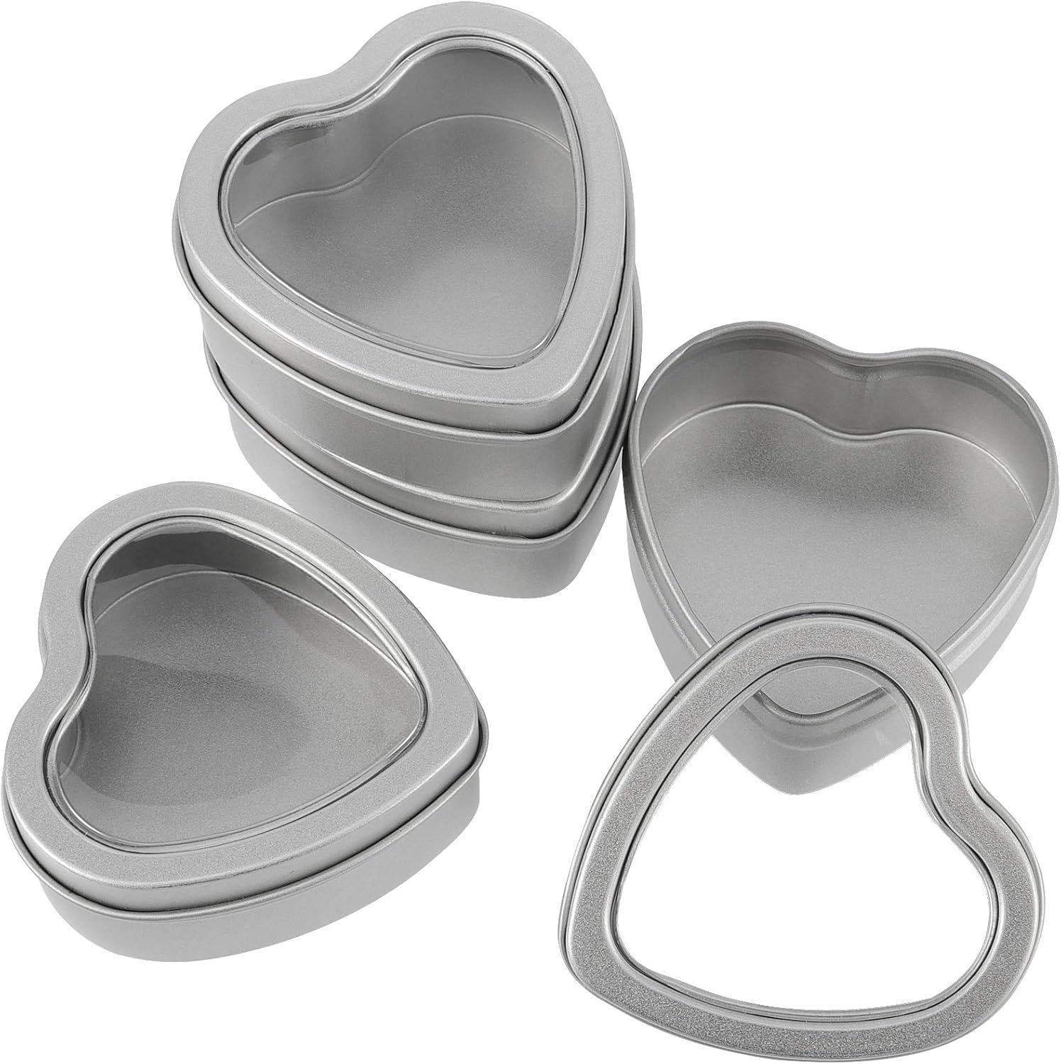 ZEONHAK 40 Pack 2oz Heart Shaped Metal Tin Cans, Small Candle Tins with Clear Window Lids, Empty Heart Shaped Candle Metal Tins for Candle Making, Candies, Gifts and Treasures, Silver